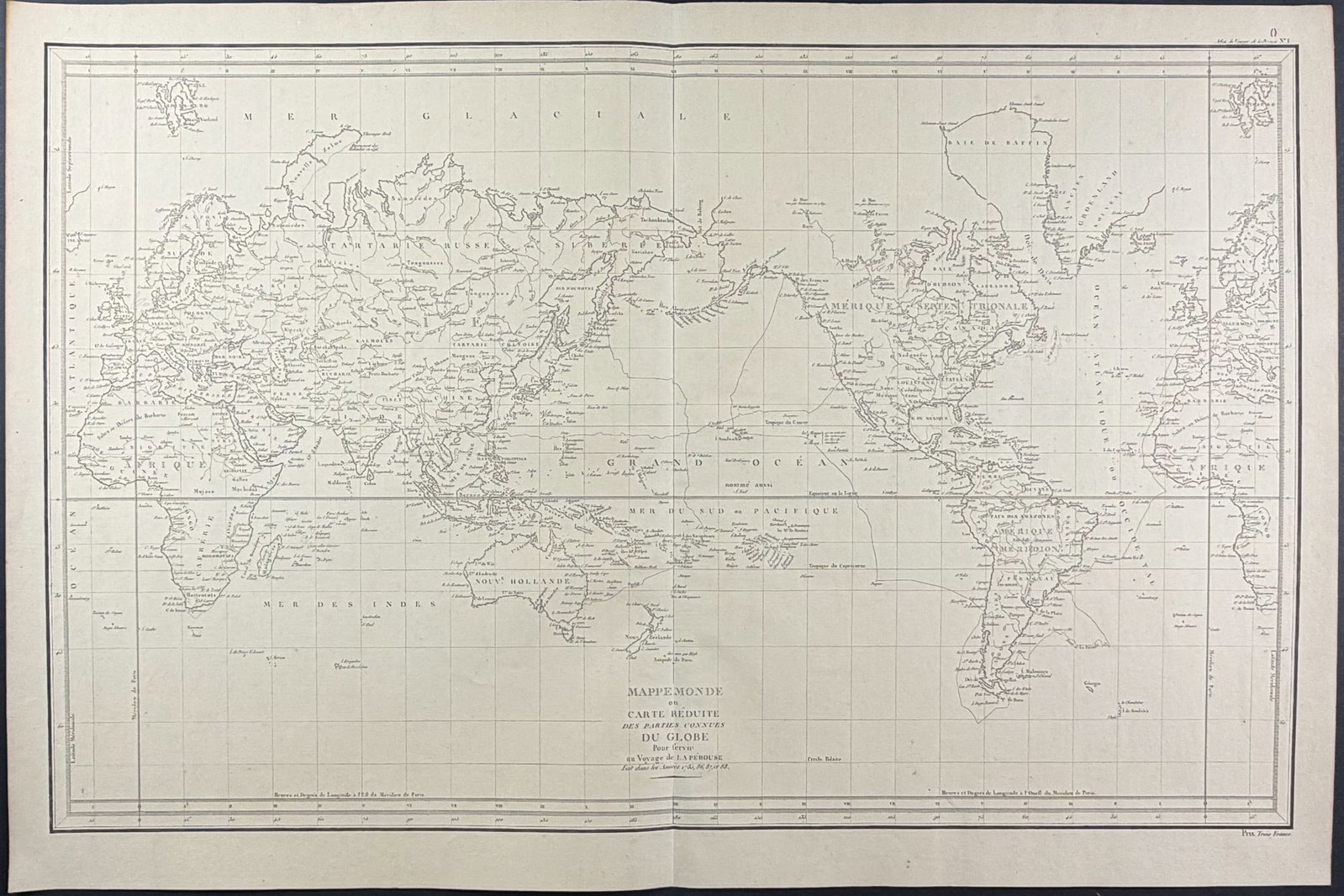 La Perouse - Map of the World - Mappe Monde ou Carte Reduite des Parties Connues du Globe Pour: This engraving is from Jean Francois de Galaup La Perouse's Atlas du Voyage de La Perouse It was printed in Paris by l'Imperimerie de la Republique in 1797. This engraving is from the atlas volume of 