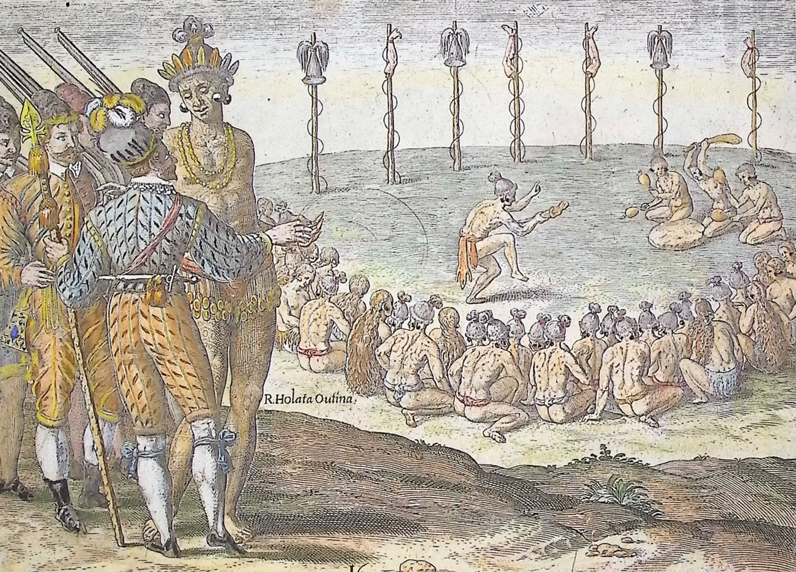 De Bry - Florida - The trophies and ceremonies that they have after returning from war victoriously: This significant, historic engraving is from Theodor de Bry & Jacques Le Moyne's Der ander Theyl de Newlich erfundenen Landtschafft Americae . . . in Floridam or Brevis Narratio eorum quae in florida