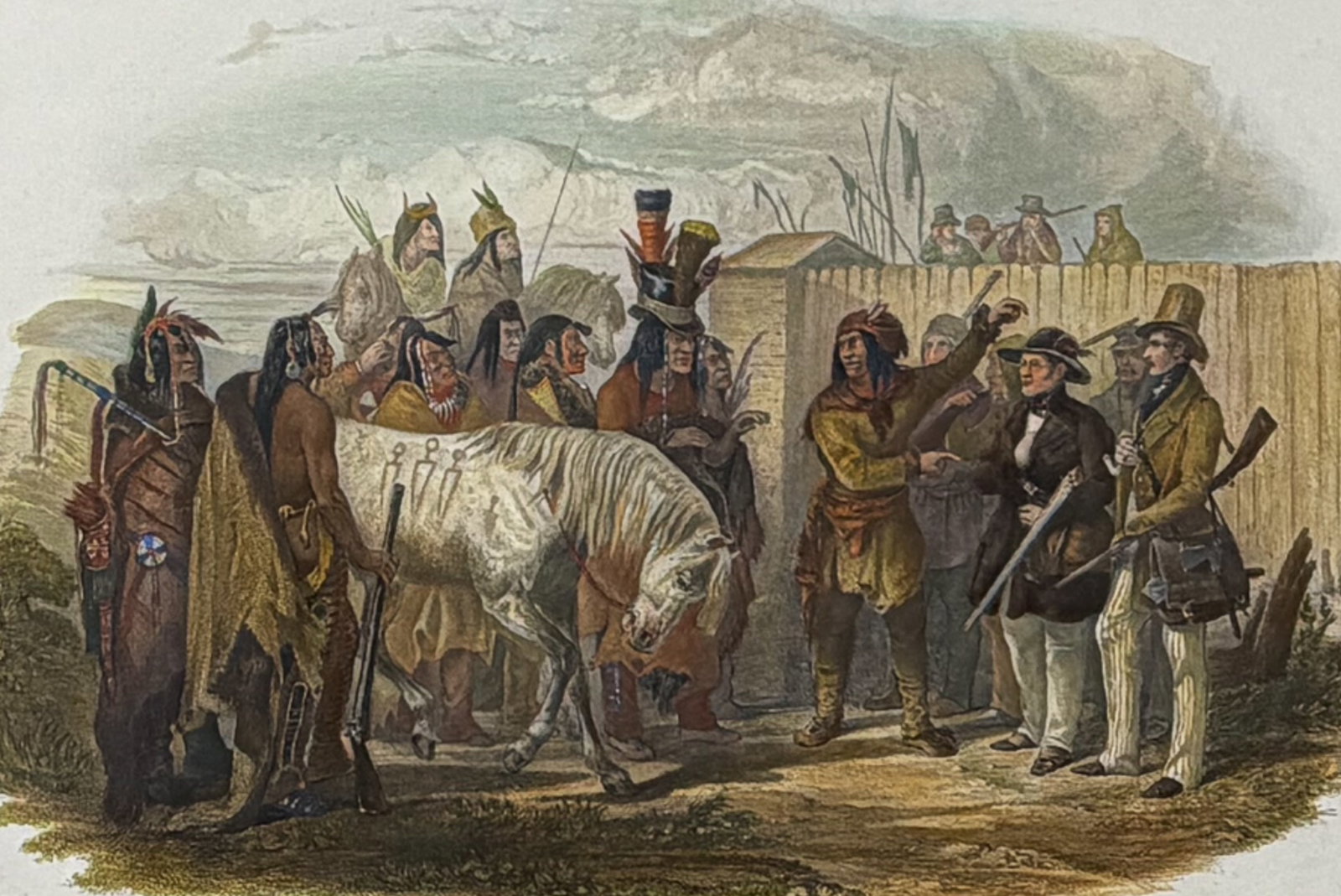 Karl Bodmer - The Travellers Meeting with Minatarre Indians near Fort Clark (Bodmer in the Image).: This rare aquatint engraving is from Karl Bodmer's Travels in the Interior of North America or Voyage Dans l?Int?rieur De l?Am?rique Du Nord Execut? Pendant les Ann?es 1832, 1833 et 1834. The work was