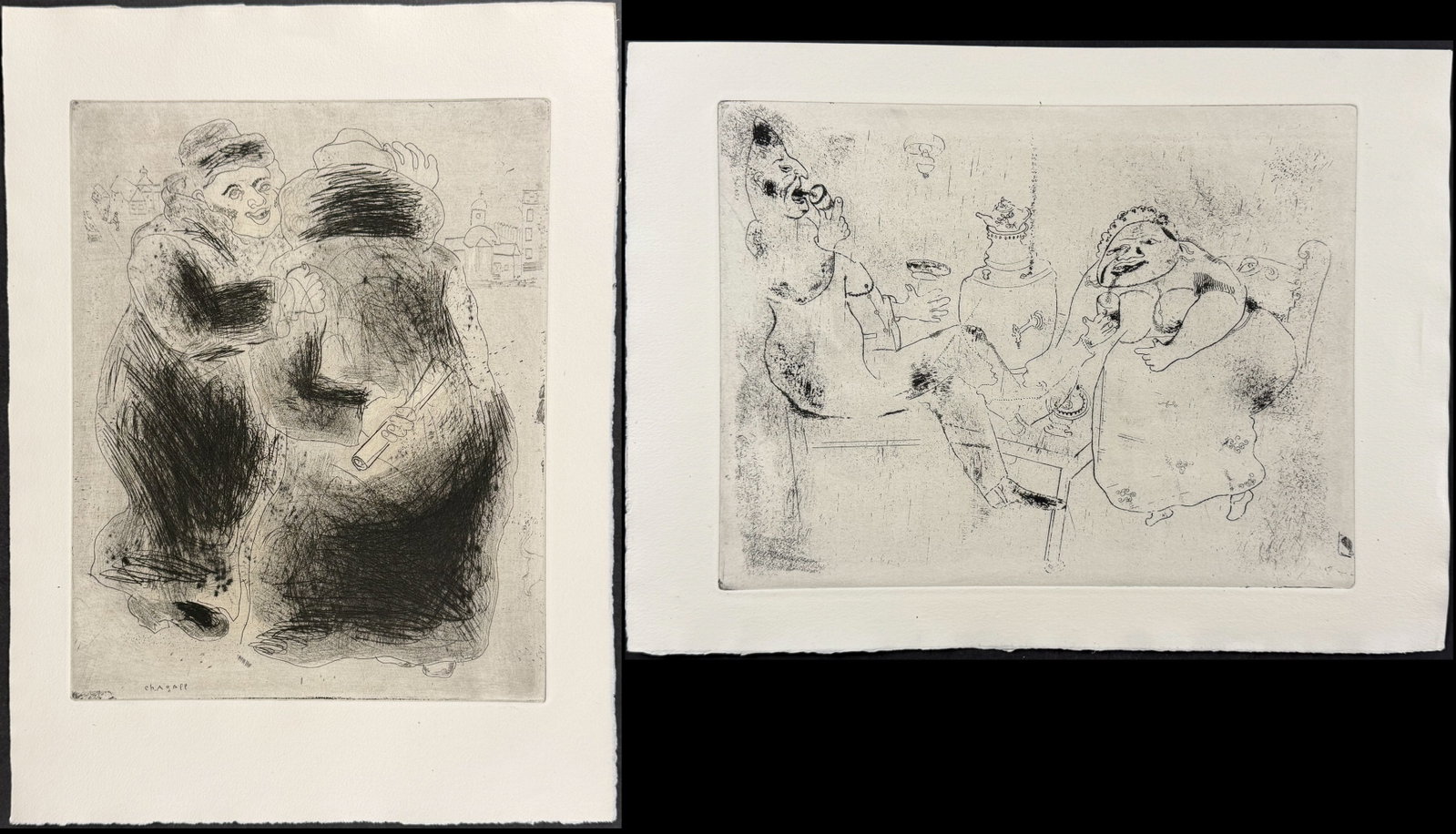 Chagall & Gogol's Les Ames Mortes - Pair of Etchings: Included in this lot: The Encounter in a Cloak - La Recontre en Houppelande Morning Tea - Le The du Matin Description of the work: This beautifully illustrated, original etching by Marc Chagall was
