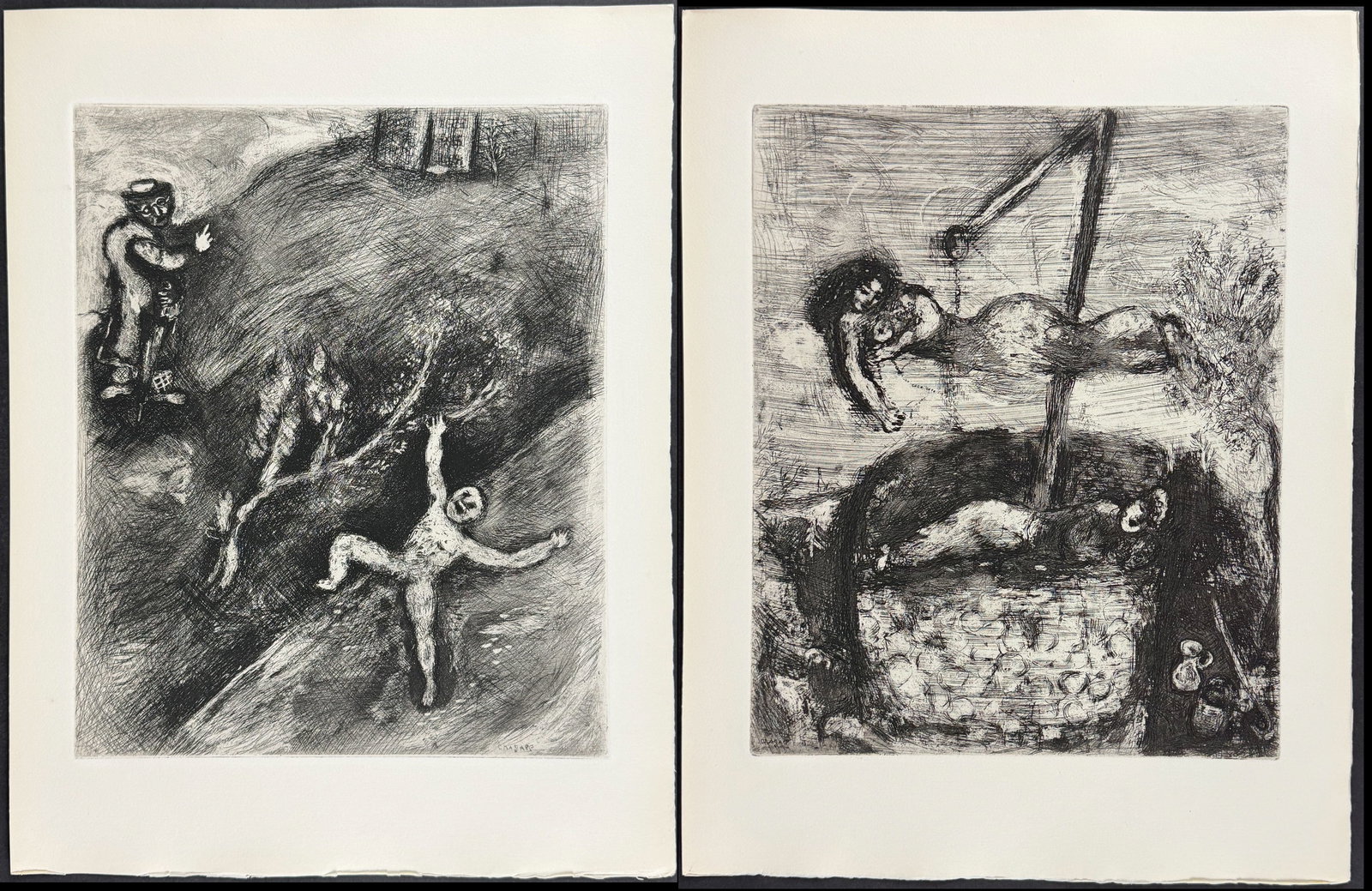 Chagall & Fontaine's Fables - 5 Etchings of Fables: Included in this lot: The Wolf Pleading Against the Fox Before the Monkey [Le Loup plaidant contre le Renard par-devant le Singe] The Sick Stag [Le Cerf Malade] The Boy and the Schoolmaster [L'Enfant 