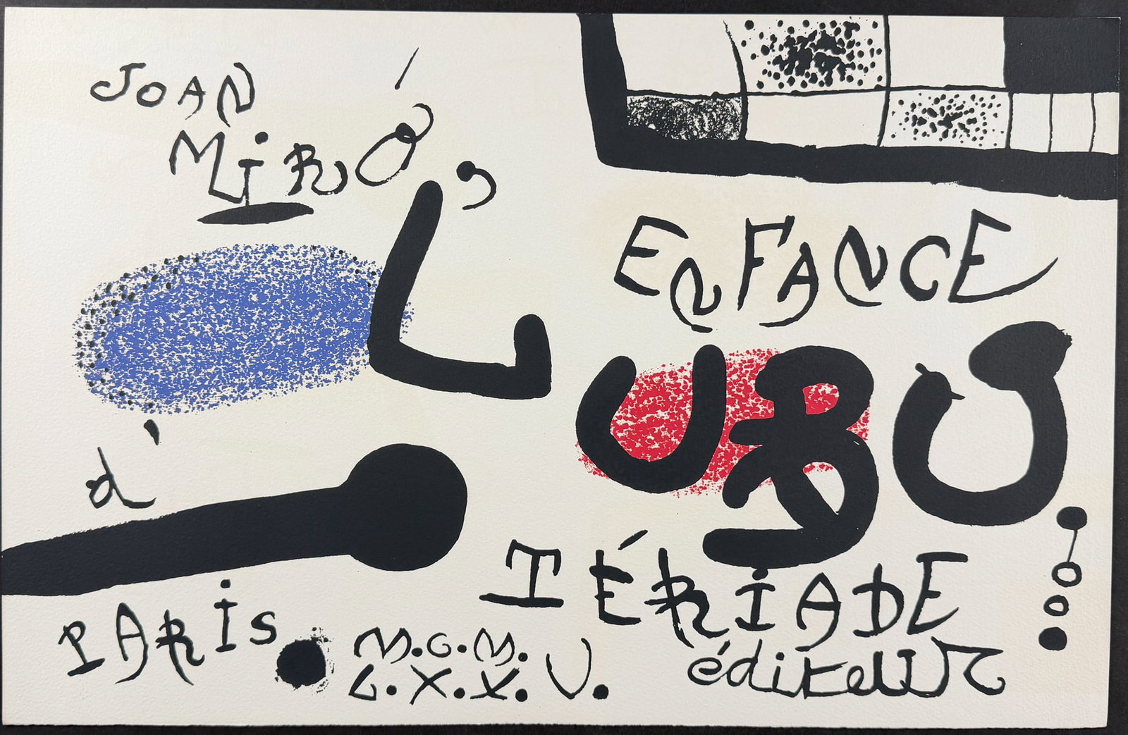 Miro, Signed, Rare - Illustration of the Childhood of Ubu: This whimsical color lithograph is from Joan Miro's L'Enfance d'Ubu or Ubu's Childhood. The work was published by T?riade in Paris in 1975. This was from a limited edition of 120 printed to Arches
