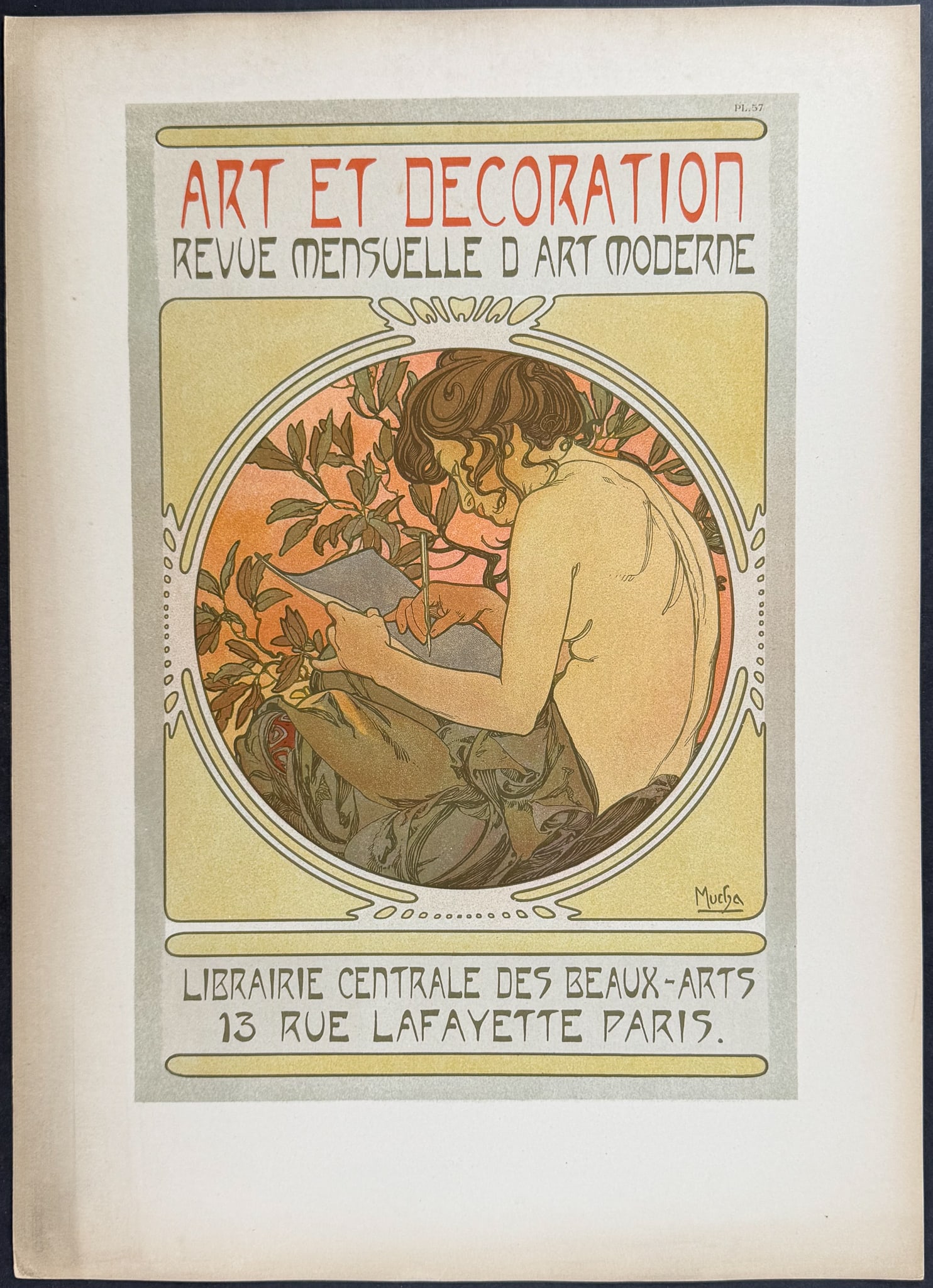 Mucha, Folio - Illustration of Topless Woman Writing or Drawing. 57: This stunning and rare lithograph is from Alphonse Mucha's "Documents d?coratifs" which was edited by Gabriel Mourey. The work was published in Paris by Librairie centrale des Beaux-Arts in 1902. The