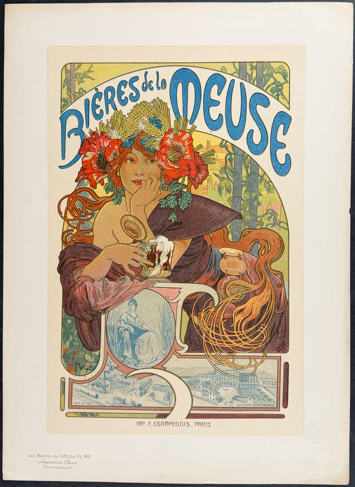 Maitres Affiches by Mucha - Bieres de la Meuse: This first edition, folio lithograph after a poster is from Les Maitres de l'Affiche. The work was published by Imprimerie Chaix under the direction of Jules Cheret in Paris between 1896 and 1900.