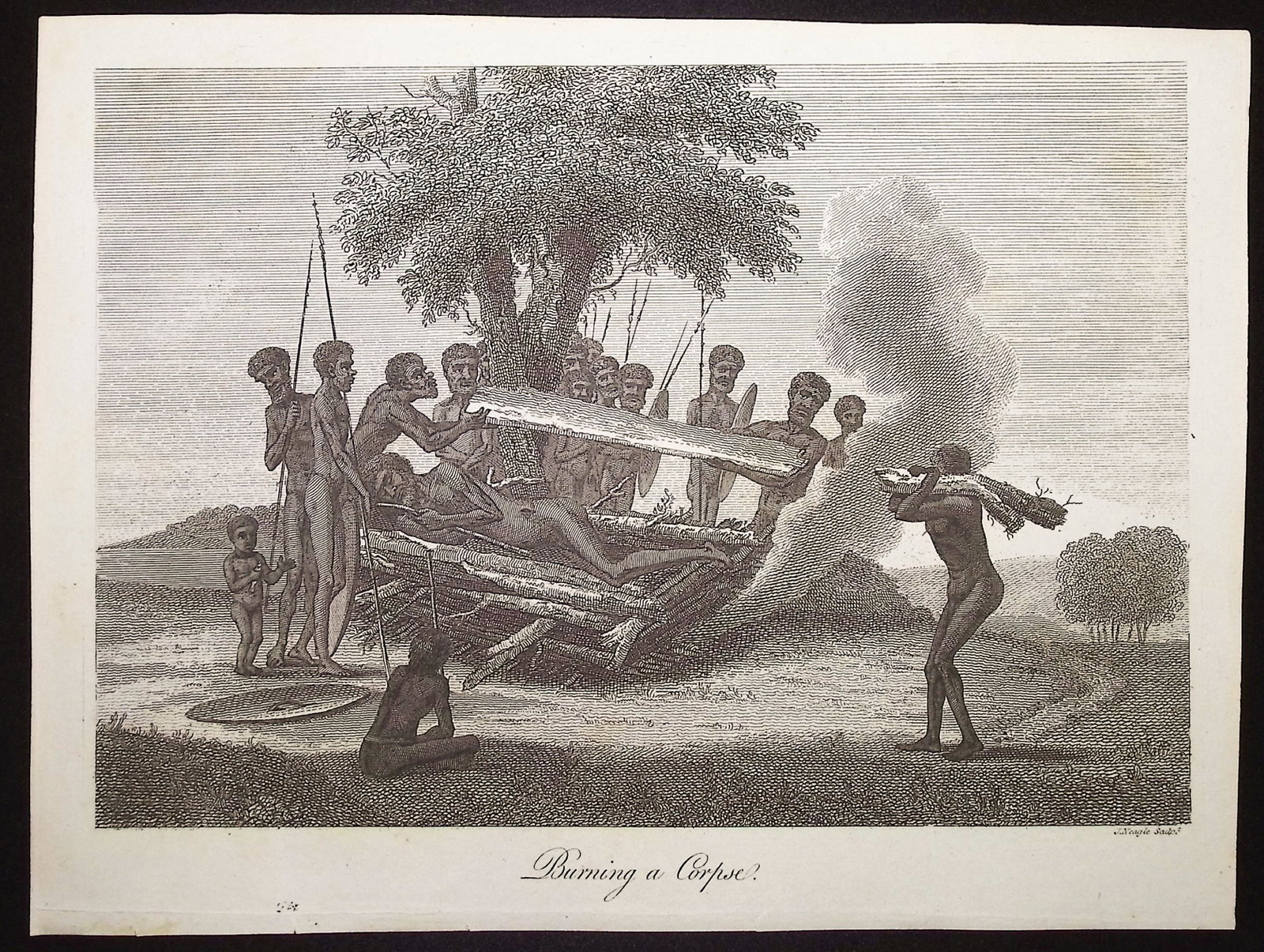 Collins - Australia (New Holland): Burning a Corpse: This historical, first edition engraving is from David Collins's An Account of the English Colony in New South Wales. The work was published in London in 1798 for T. Cadell & W. Davies. The work was a
