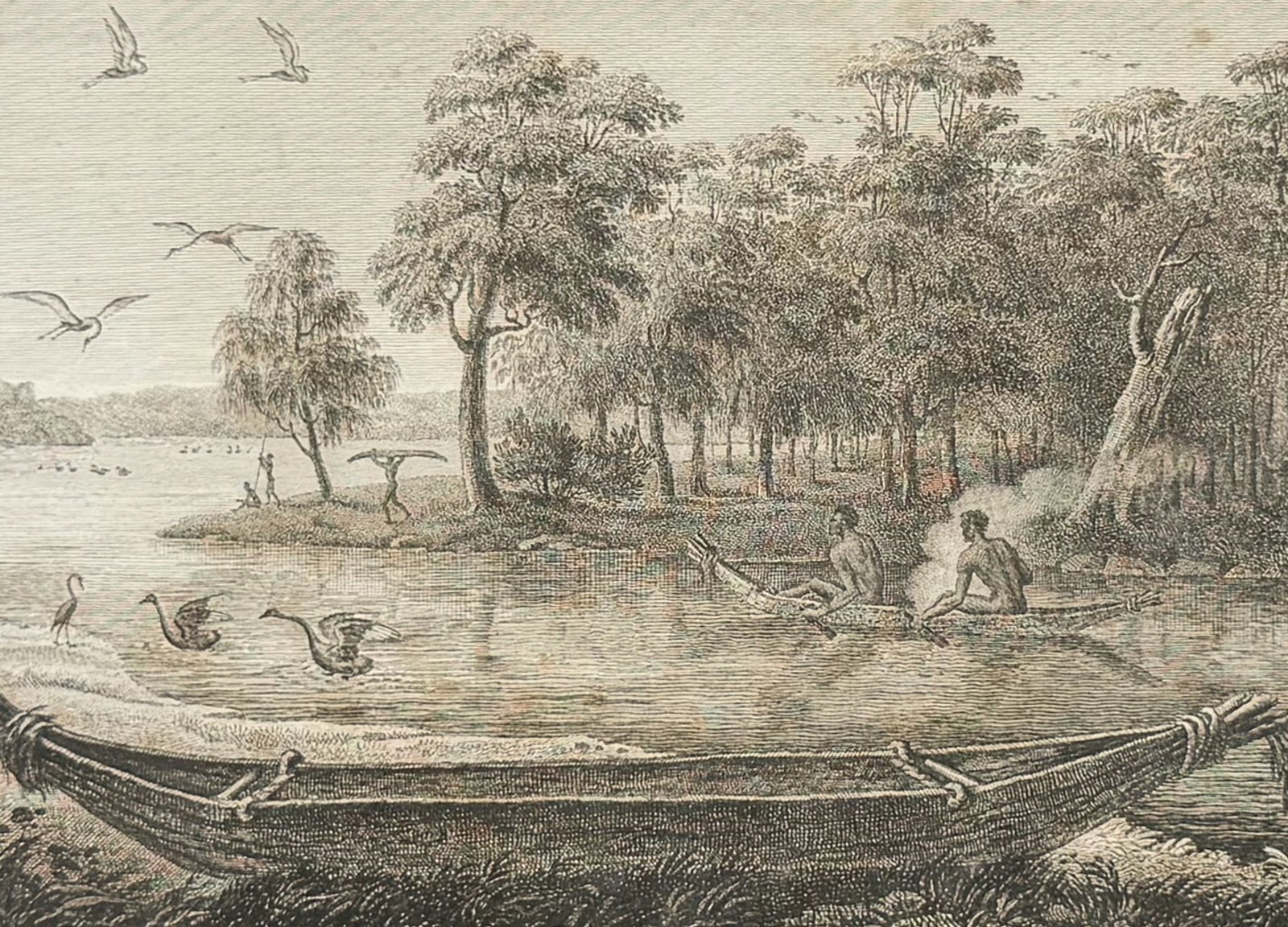 Peron & Freycinet - Navigation & Canoe [Australia, New Holland]: This fine engraving is from Louis Claude de Saulces de Freycinet's Voyage de decouvertes aux Terres Australes, execute... sur les corvettes le Geographe, le Naturaliste, et la goelette le Casuarina, p