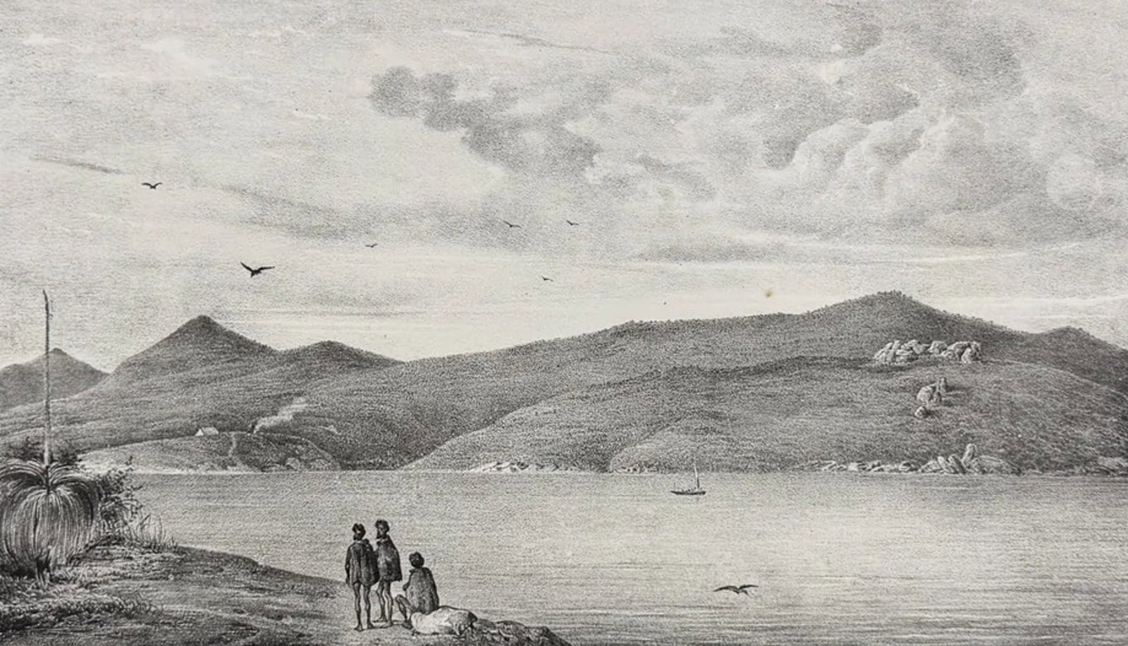 Dumont, Australia - Observatoire de l'Astrolabe au port du Roi Georges, vu de la presqui'ile: This folio lithograph is from Jules Sebastien Cesar Dumont D'Urville's Voyage de la Corvette l'Astrolabe ex?cut? par ordre du Roi pendant les ann?es 1826, 1827, 1828, 1829, sous le commandement de M.J