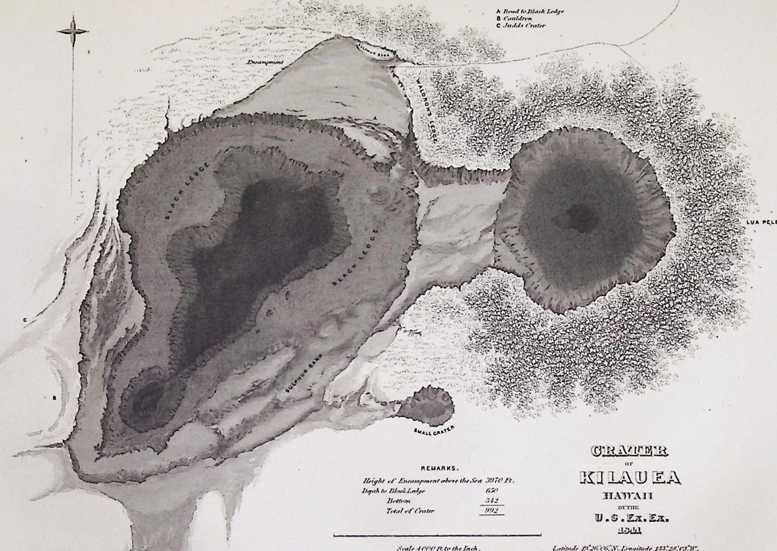 Wilkes, Hawaii - Crater of Kilauea, Hawaii: This historic engraving is from Charles Wilkes's Narrative of the United States Exploring Expedition. During the Years 1838, 1839, 1840, 1841, 1842. The work was published in Philadelphia by Lea and B