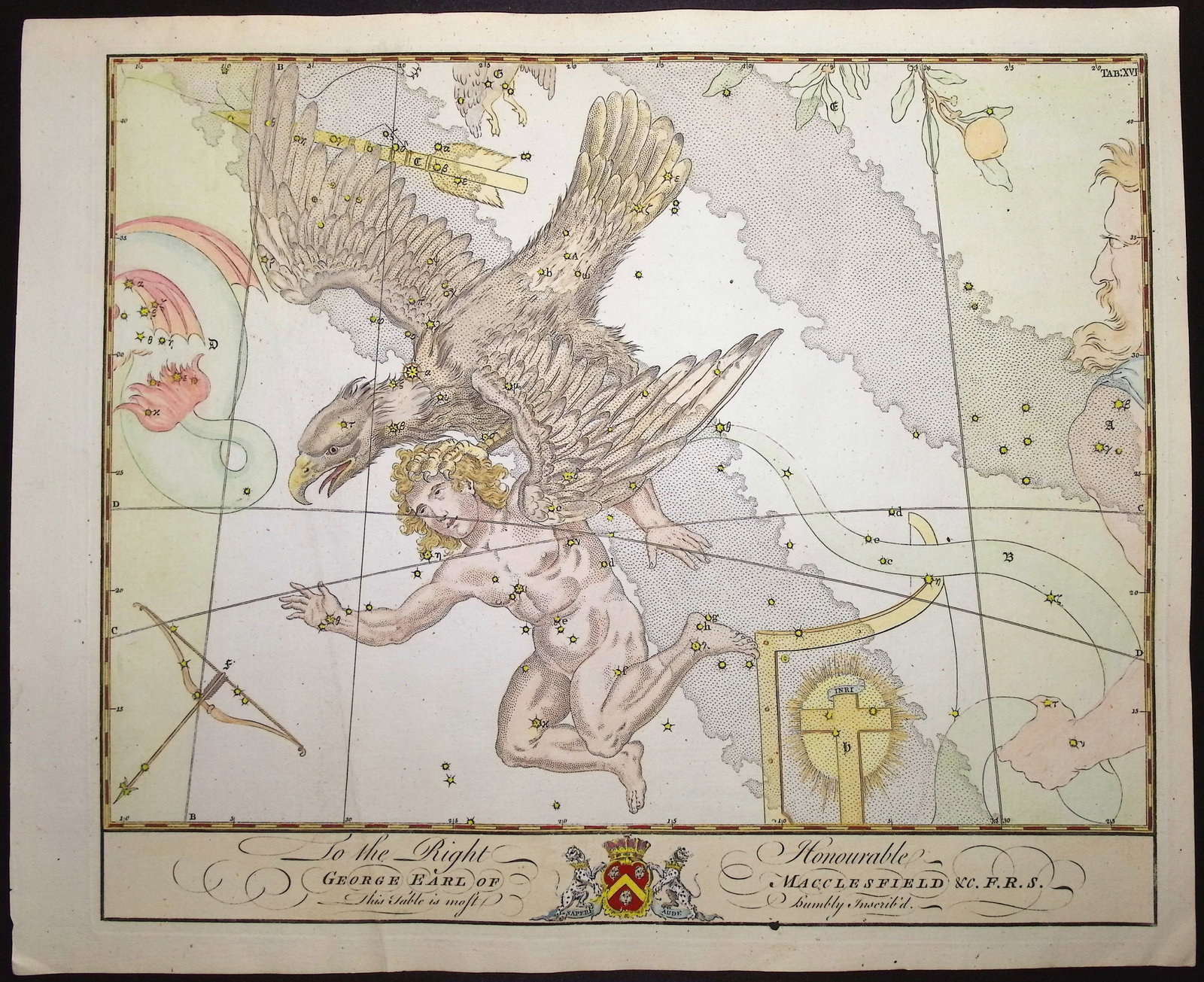 Bevis, Rare - Constellation or Star Chart of Aquila (Eagle): This rare constellation chart is from John Bevis's Uranographia; or the Celestial Atlas. It was published between 1747 and 1786 in London by John Neale. This engraving is from Bevis's "unpublished" st