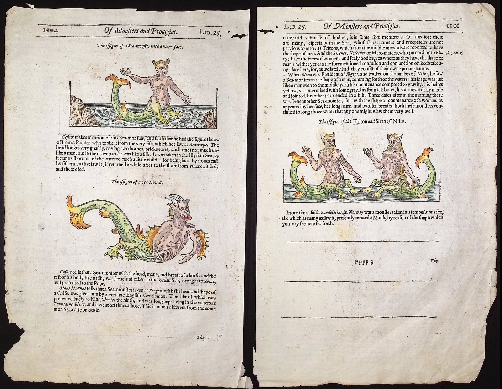 Pare, pub. 1664 - 3 Engravings of Mermen, Mermaids, & Sea Monsters: This historic engraving is from Ambroise Pare's Les OEuvres... This is from the twelfth edition, revised and corrected, and was published in Lyon by Pierre Riguad et Antoine Jullieron in 1664. The edi