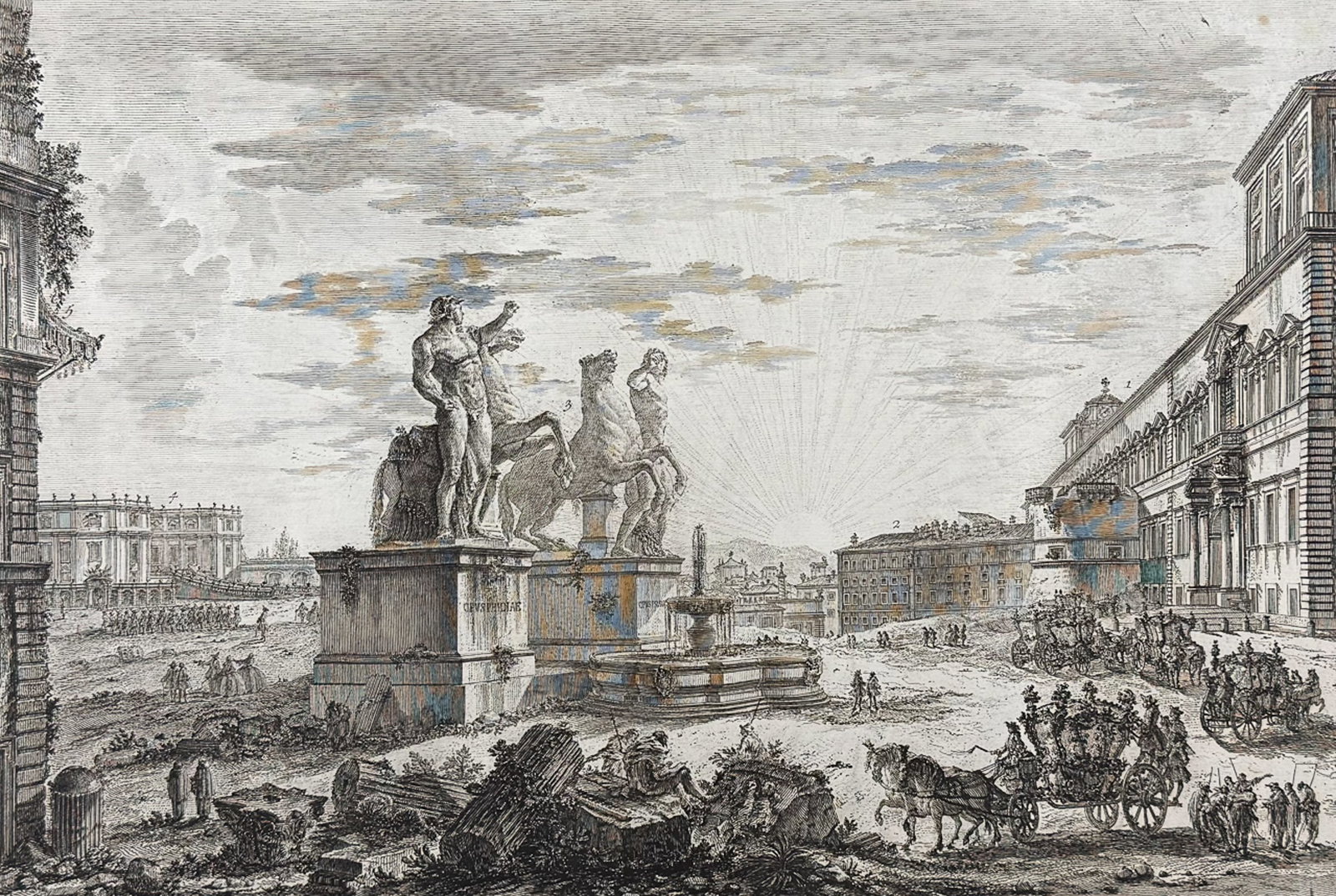 Piranesi, Folio - View of Piazza di Monte Cavallo [Veduta della Piazza di Monte Cavallo]: This extraordinary large folio etching is from Giovanni Battista Piranesi's "Vedute di Roma". This from a mixed edition of the work published in Rome & Paris likely published c1778 to early 1800s. The
