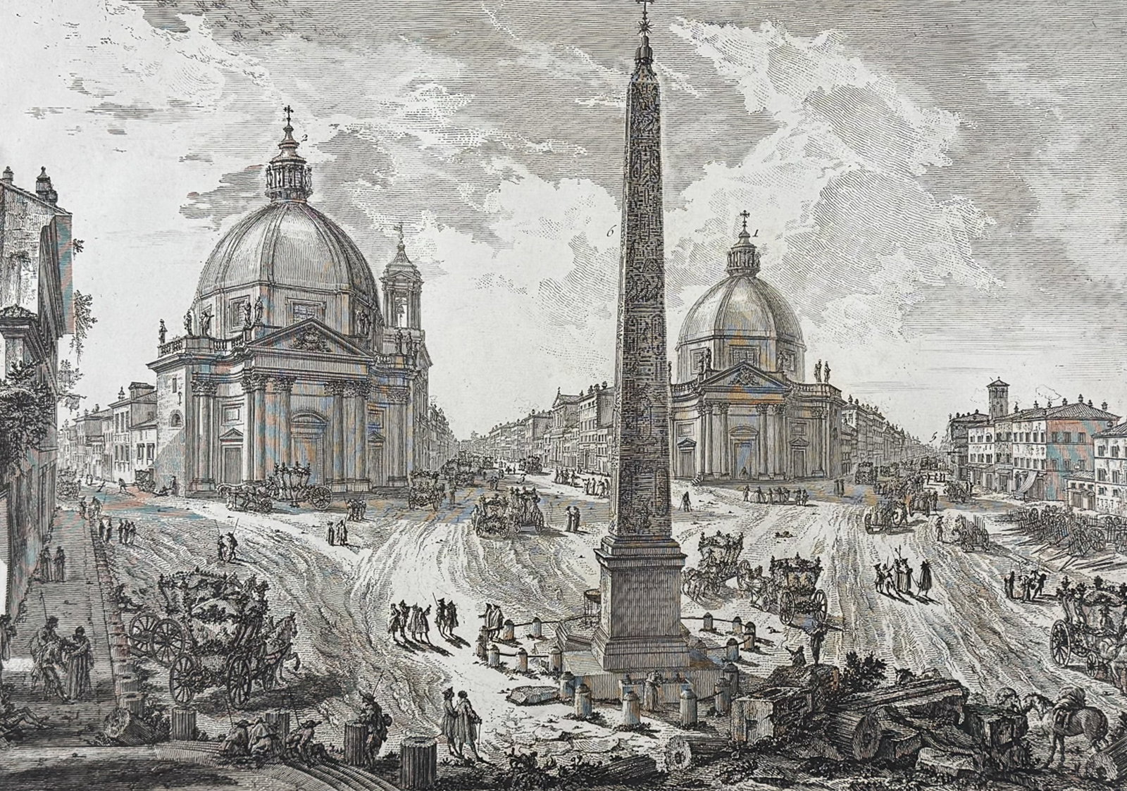 Piranesi, Folio - View of Piazza del Popolo [Veduta della Piazza del Popolo]: This extraordinary large folio etching is from Giovanni Battista Piranesi's "Vedute di Roma". This from a mixed edition of the work published in Rome & Paris likely published c1778 to early 1800s. The