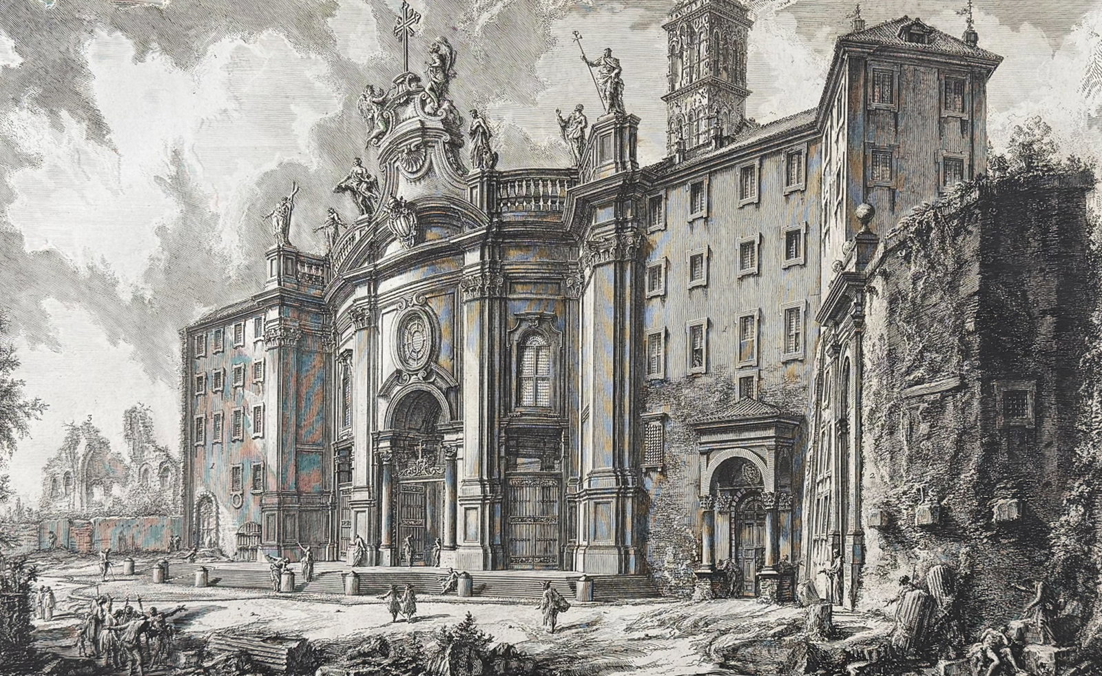 Piranesi, Folio - View of the facade of the Basilica of the Holy Cross in Jerusalem [Veduta della: This extraordinary large folio etching is from Giovanni Battista Piranesi's "Vedute di Roma". This from a mixed edition of the work published in Rome & Paris likely published c1778 to early 1800s. The