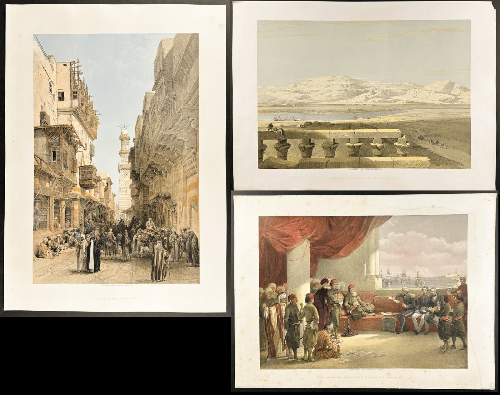 David Roberts - 37 Lithographs from Holy Land, Syria, Idumea, Arabia, Egypt, & Nubia: Included in this lot: Interview with the Viceroy of Egypt, at his Palace, Alexandria, May 12th, 1839 Site of Petra Ruins of an Ionic Temple Sidon, from the North Libyan Chain of Mountains, from the Te