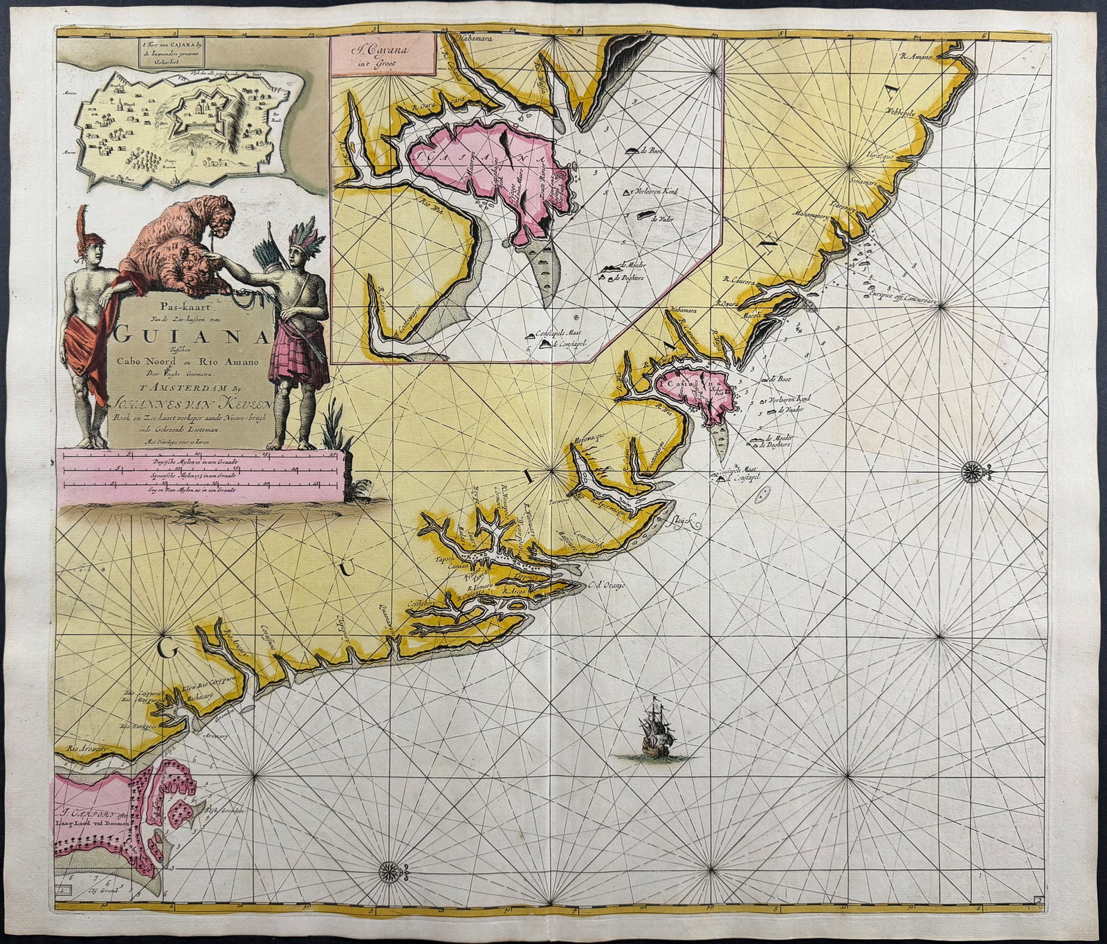 Van Keulen, Rare - Map of the Coast of French Guyana: This extraordinary, originally hand-colored map is from the exceedingly rare atlas from Johannes and Gerard Van Keulen entitled De Groote Nieuwe Vermeerderde Zee-Atlas ofte Water-Waerld. Vertoonende i