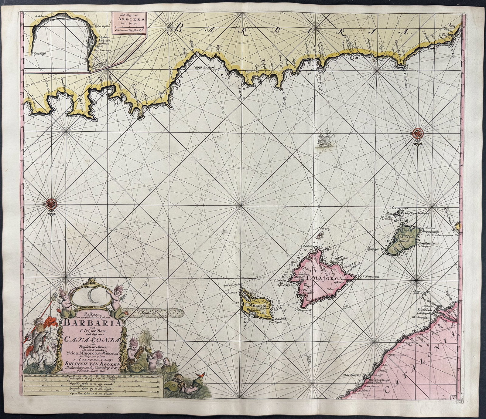 Van Keulen, Rare - Sea Chart of Majorca, Catalonia and Barbary Coast: This extraordinary, originally hand-colored map is from the exceedingly rare atlas from Johannes and Gerard Van Keulen entitled De Groote Nieuwe Vermeerderde Zee-Atlas ofte Water-Waerld. Vertoonende i