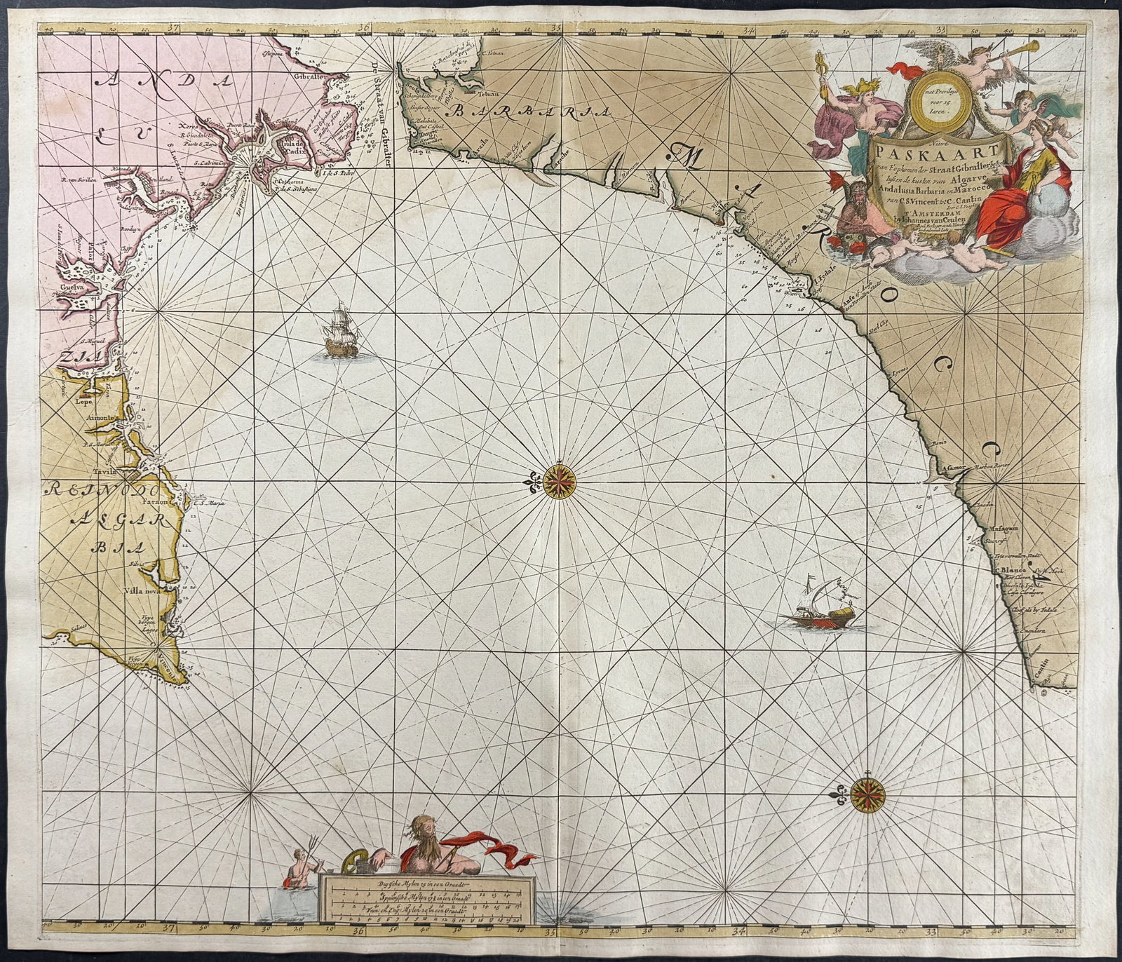 Van Keulen, Rare - Sea Chart of the Strait of Gibraltar: This extraordinary, originally hand-colored map is from the exceedingly rare atlas from Johannes and Gerard Van Keulen entitled De Groote Nieuwe Vermeerderde Zee-Atlas ofte Water-Waerld. Vertoonende i