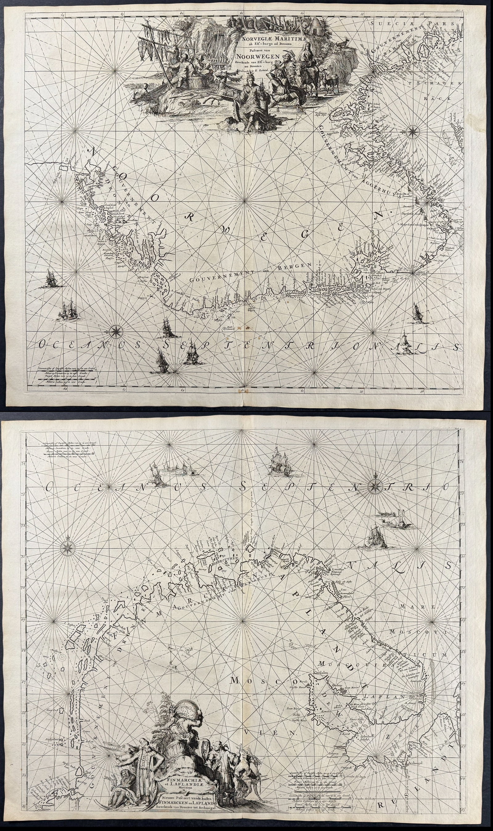 Renard - Pair of Maps of Norway, Finmark, & Lapland: This exceptional maritime map is from Louis Renard's Atlas de la Navigation, et du Commerce. This is from the second edition of the work published in Amsterdam by the Ottens in 1739. Renard's sea atla