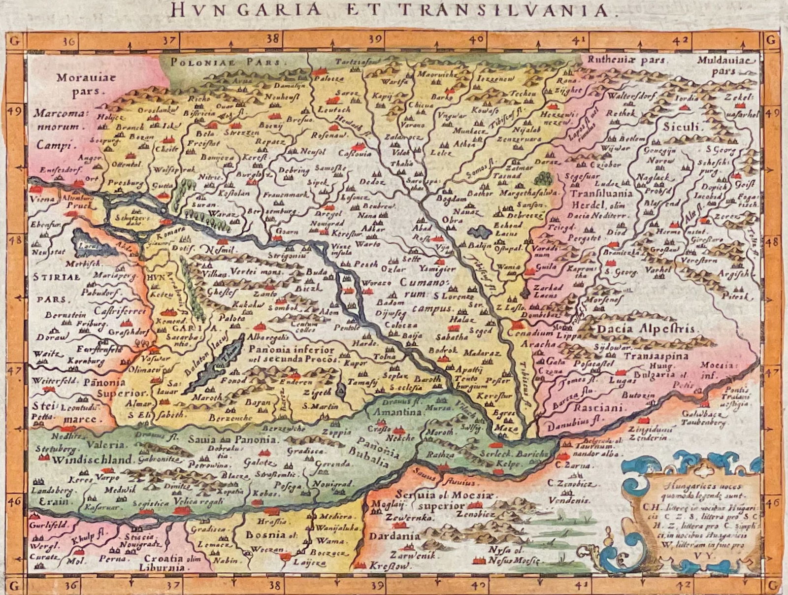Magini's Ptolemy, pub. 1620 - Map of Hungary & Transylvania / Romania: This early map engraving with original hand-coloring is from Claudius Ptolemaeus (Ptolemy) and Giovanni Antonio Magini's Geografia cio? descrittione universale della Terra partita in due volumi. The w