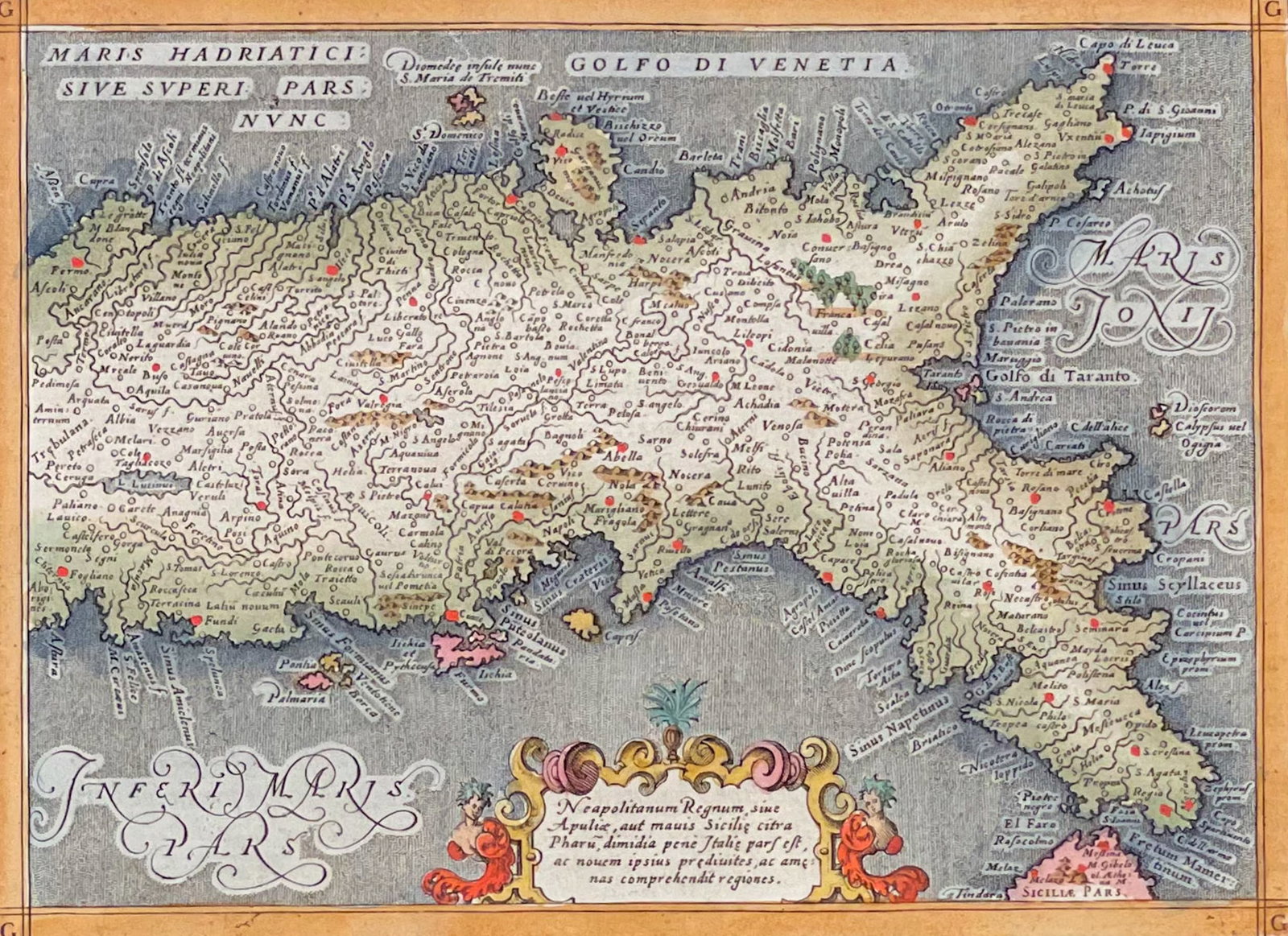 Magini's Ptolemy, pub. 1620 - Map of Southern Italy and Naples: This early map engraving with original hand-coloring is from Claudius Ptolemaeus (Ptolemy) and Giovanni Antonio Magini's Geografia cio? descrittione universale della Terra partita in due volumi. The w