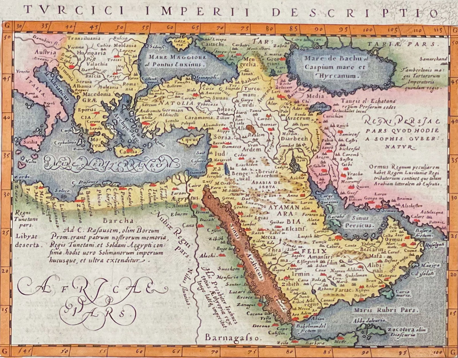 Magini's Ptolemy, pub. 1620 - Map of Turkish Empire: This early map engraving with original hand-coloring is from Claudius Ptolemaeus (Ptolemy) and Giovanni Antonio Magini's Geografia cio? descrittione universale della Terra partita in due volumi. The w