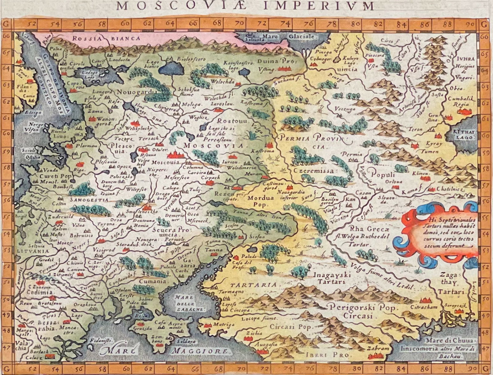 Magini's Ptolemy, pub. 1620 - Map of Russia: This early map engraving with original hand-coloring is from Claudius Ptolemaeus (Ptolemy) and Giovanni Antonio Magini's Geografia cio? descrittione universale della Terra partita in due volumi. The w