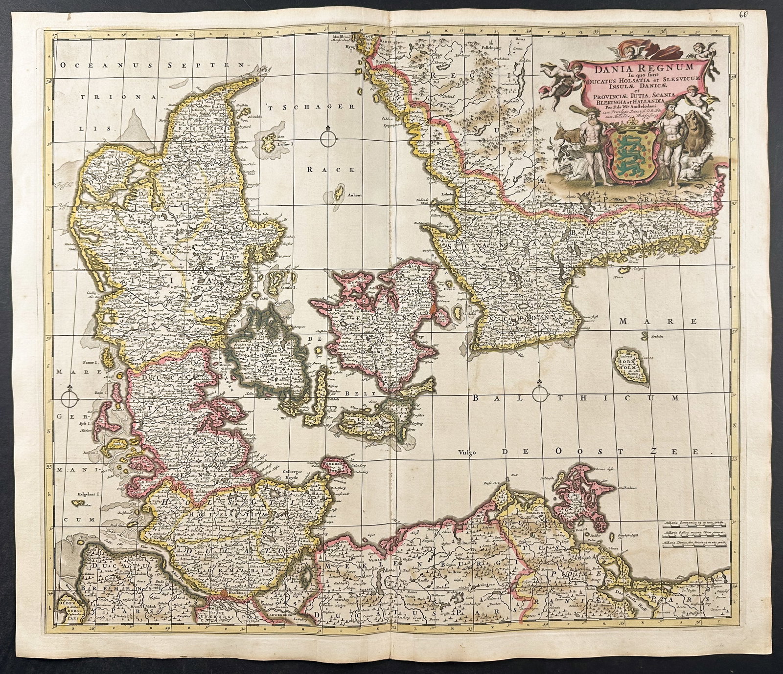 De Wit - Map of Denmark: This remarkable originally hand-colored engraved map is from Frederik de Wit?s Atlas Maior It was published in Amsterdam circa 1710. De Wit published composite atlases using plate stock of his own and