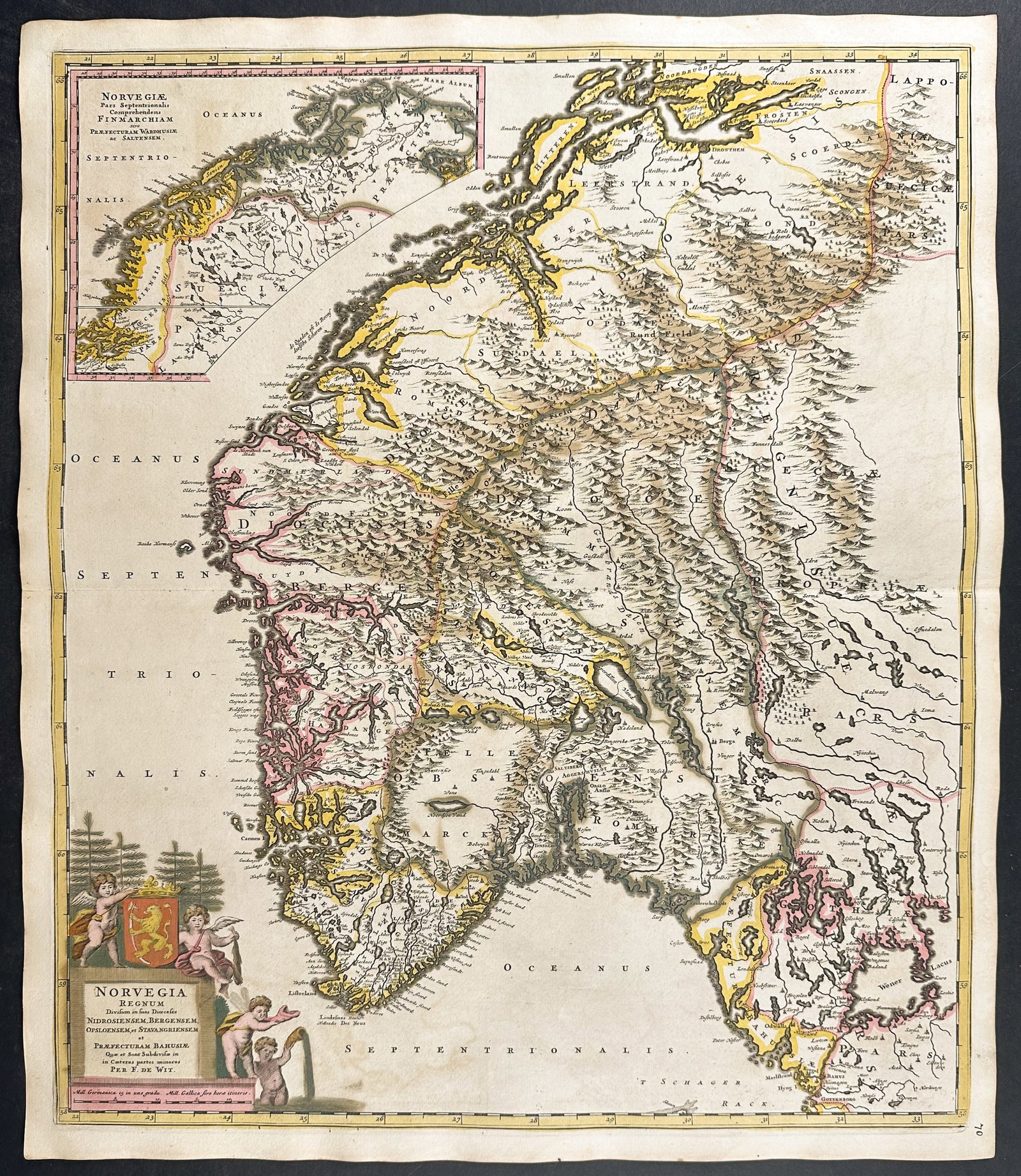 De Wit - Map of Norway: This remarkable originally hand-colored engraved map is from Frederik de Wit?s Atlas Maior It was published in Amsterdam circa 1710. De Wit published composite atlases using plate stock of his own and