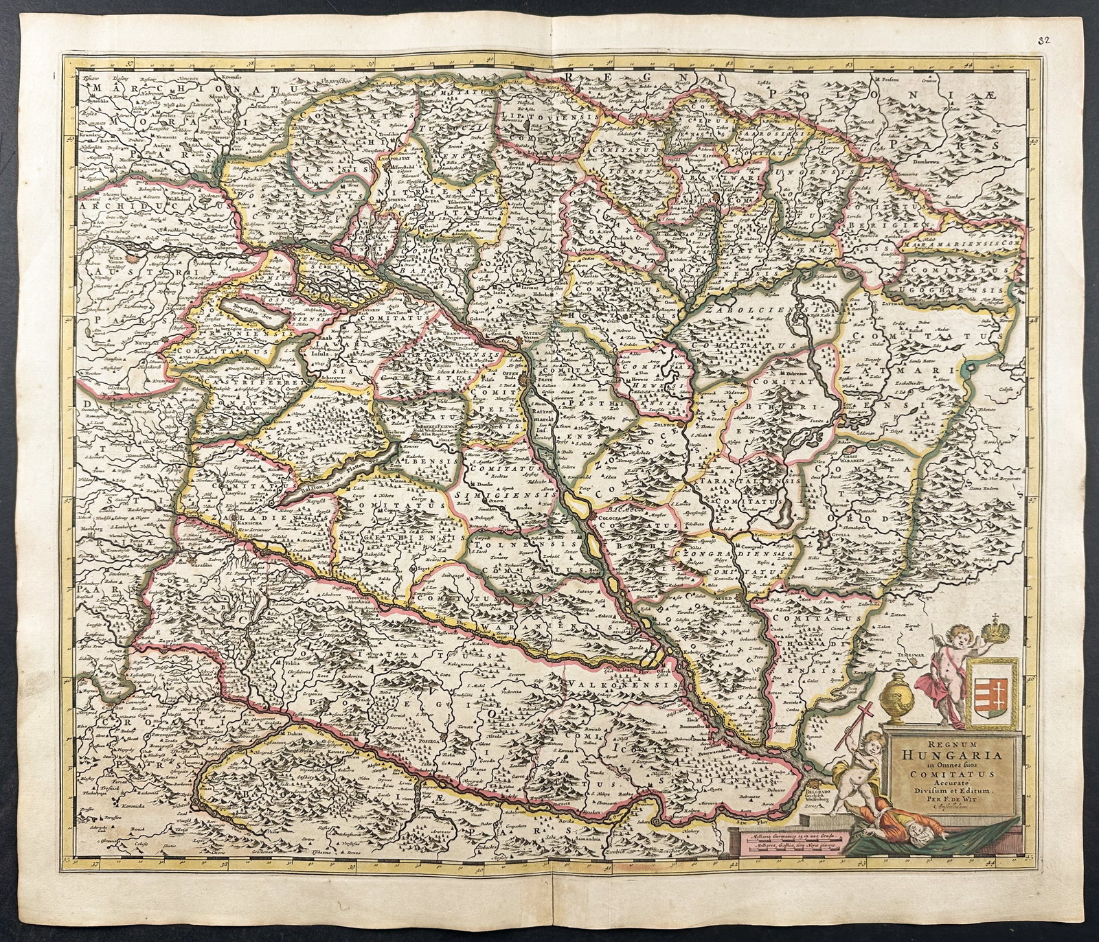 De Wit - Map of the Hungary: This remarkable originally hand-colored engraved map is from Frederik de Wit?s Atlas Maior It was published in Amsterdam circa 1710. De Wit published composite atlases using plate stock of his own and