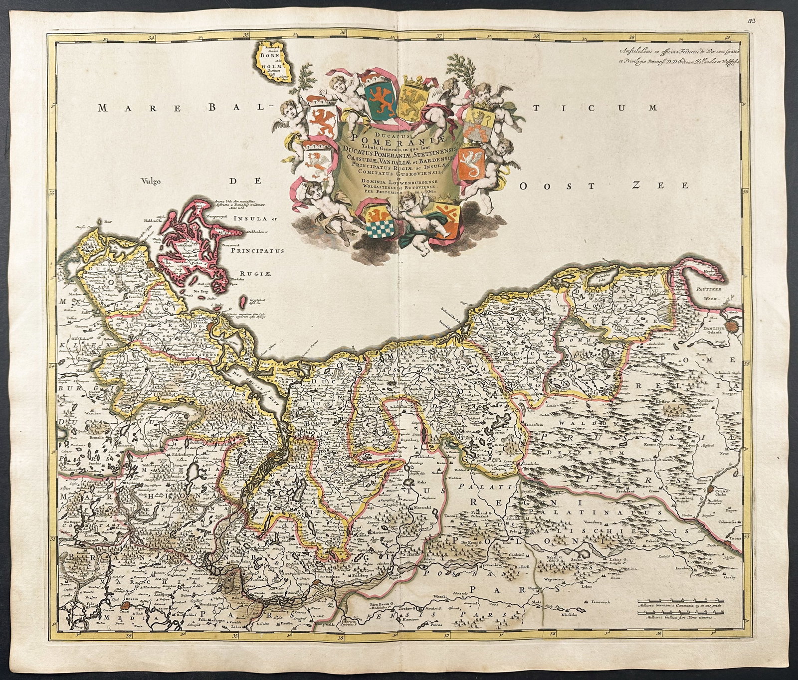 De Wit - Map of Pomerania, Poland: This remarkable originally hand-colored engraved map is from Frederik de Wit?s Atlas Maior It was published in Amsterdam circa 1710. De Wit published composite atlases using plate stock of his own and