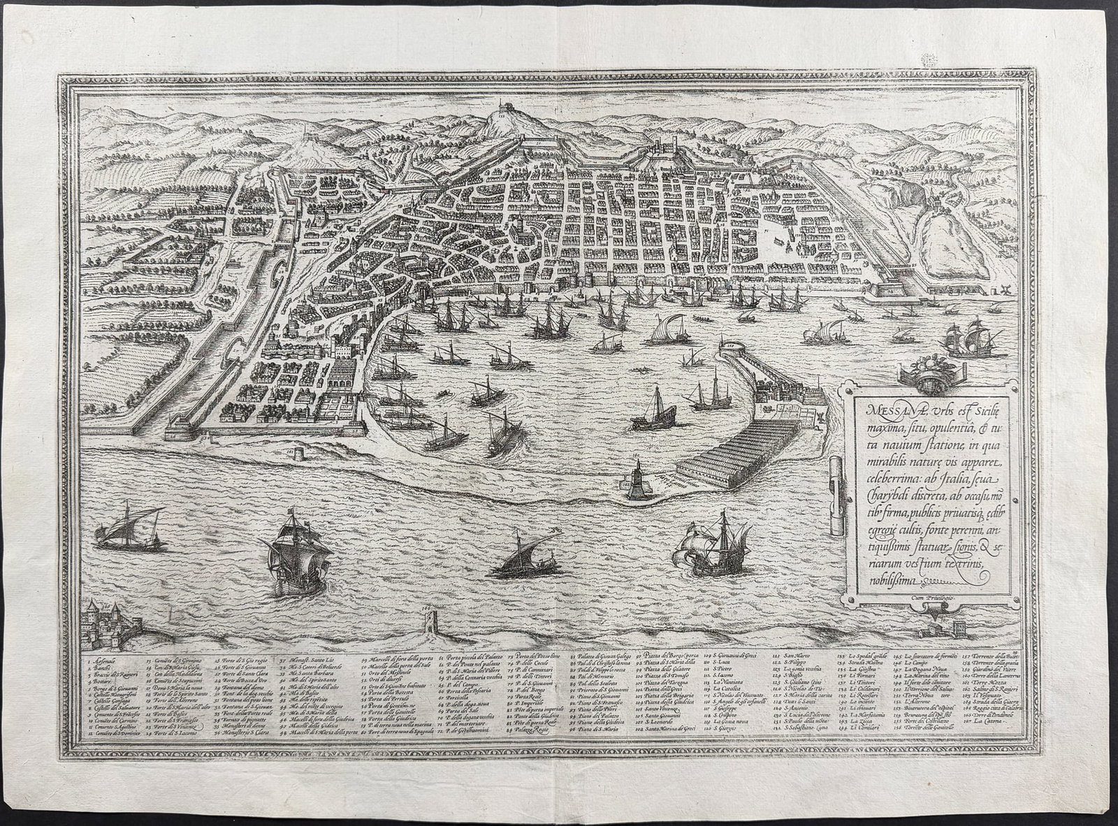 Braun & Hogenberg, pub. 1575 - View of Messina, Sicily, Italy (Messana): This extraordinary engraving is from Georg Braun & Frans Hogenberg's Civitates Orbis Terrarum or Atlas of the Cities of the World. The work was published in Augsburg in 1575. It is considered the grea