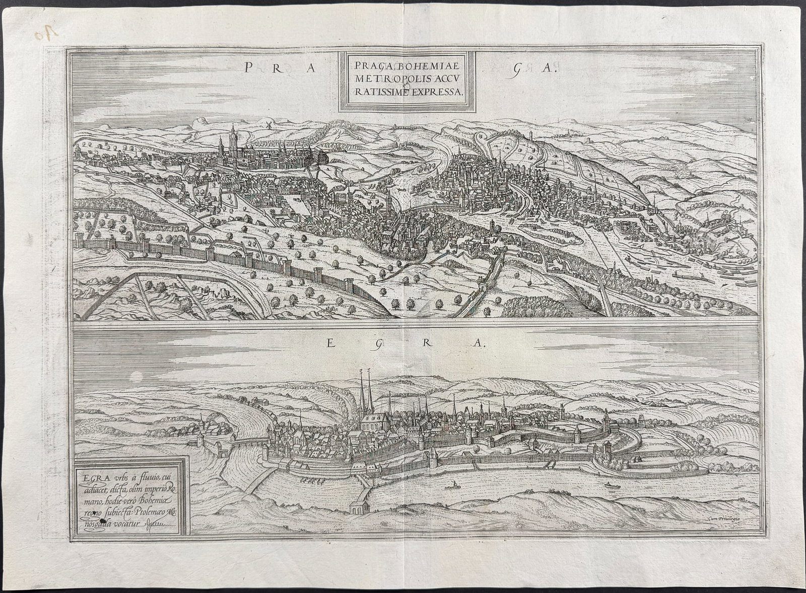 Braun & Hogenberg, pub. 1575 - View of Prague & Cheb (Egra), Czech Republic: This extraordinary engraving is from Georg Braun & Frans Hogenberg's Civitates Orbis Terrarum or Atlas of the Cities of the World. The work was published in Augsburg in 1575. It is considered the grea