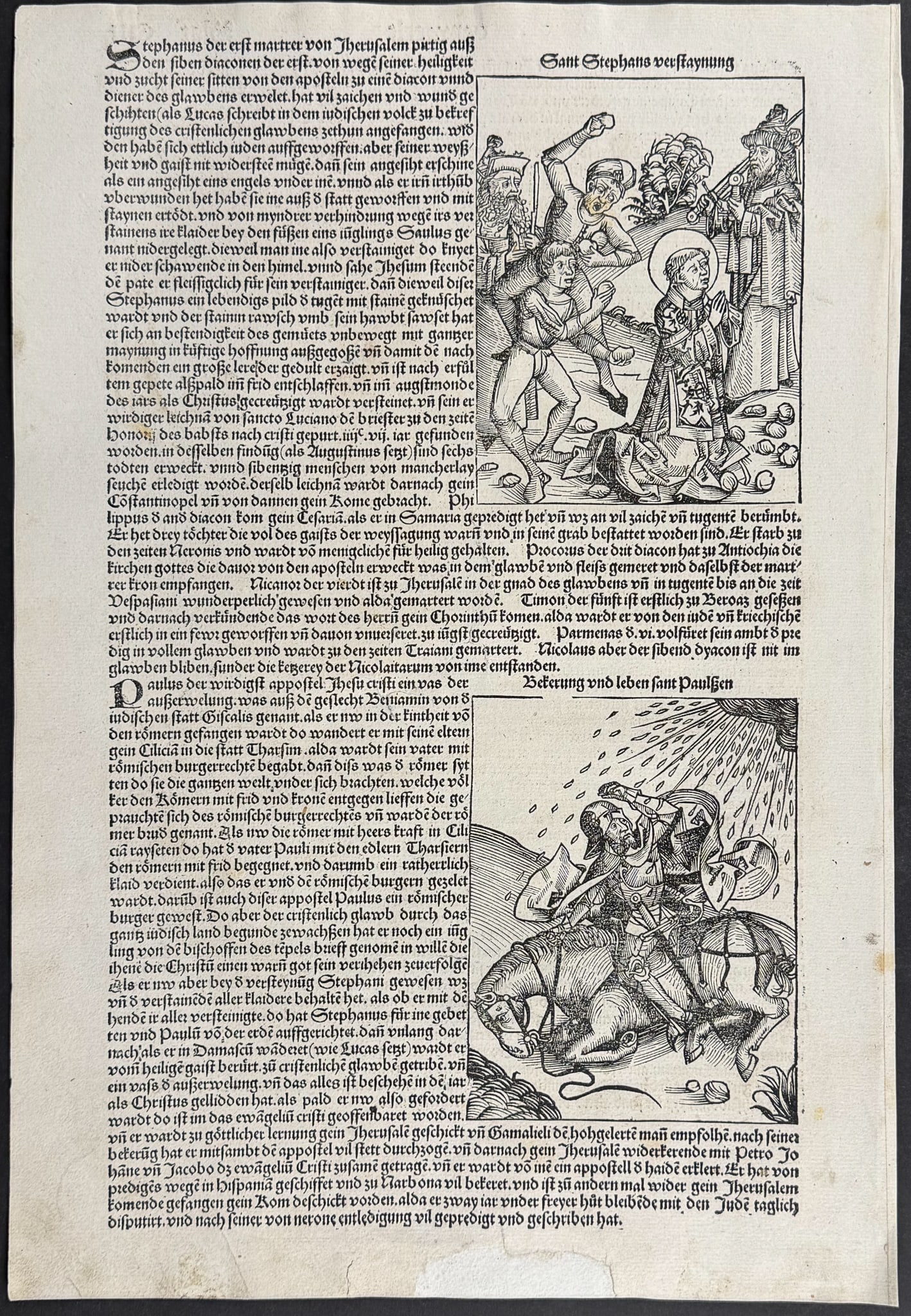 Schedel, pub. 1493 - Stoning of Saint Stephen, Life & Conversion of Saint Paul / Verso: Religious &: This important and historic engraving is from Hartmann Schedel Liber Chronicarum, more commonly known as the Nuremberg Chronicle (in German: Das Buch der Croniken und Geschichten. This is from the fir