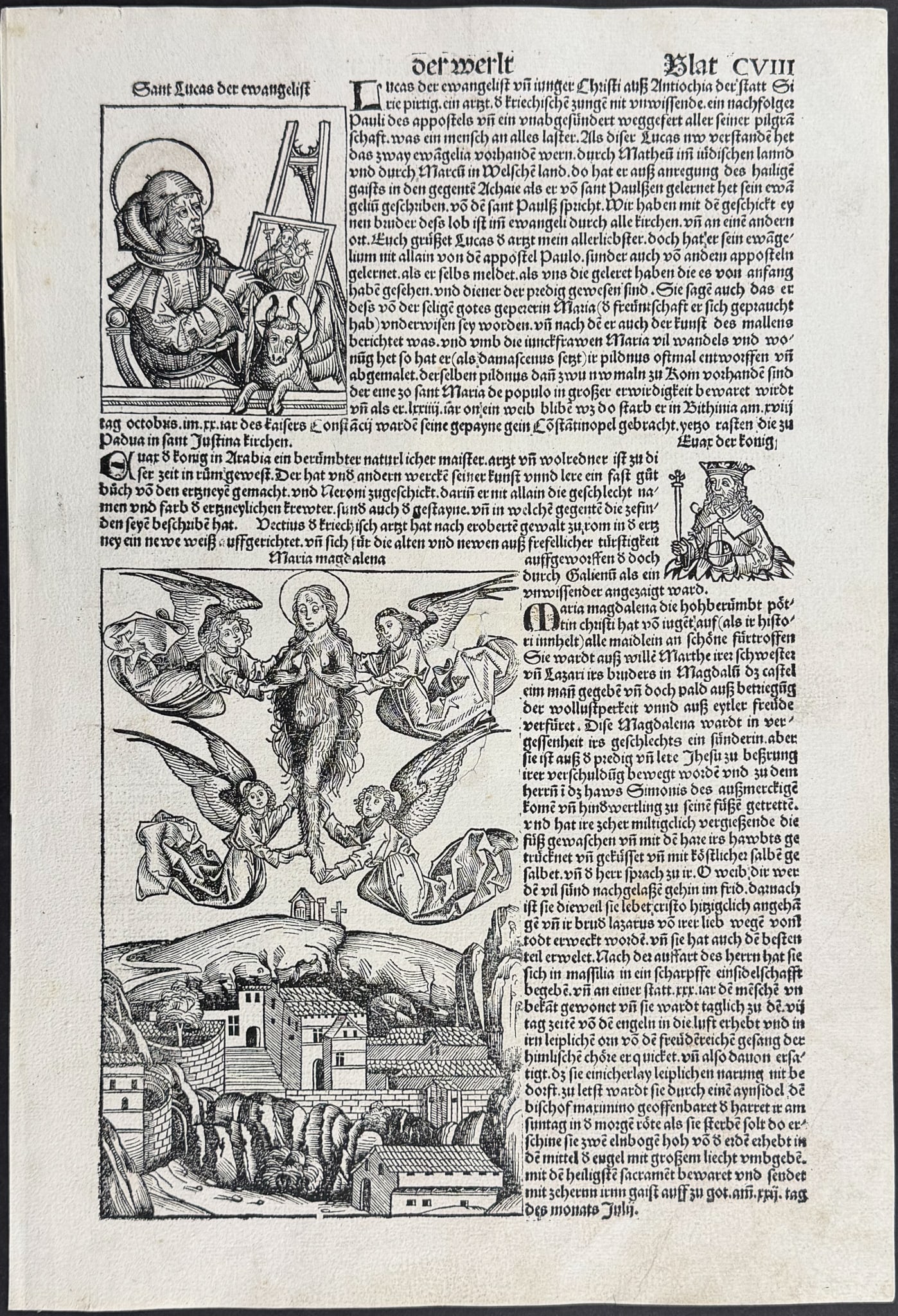 Schedel, pub. 1493 - Assumption of Mary Magdalene, Saint Luke the Evangelist / Verso: Religious &: This important and historic engraving is from Hartmann Schedel Liber Chronicarum, more commonly known as the Nuremberg Chronicle (in German: Das Buch der Croniken und Geschichten. This is from the fir