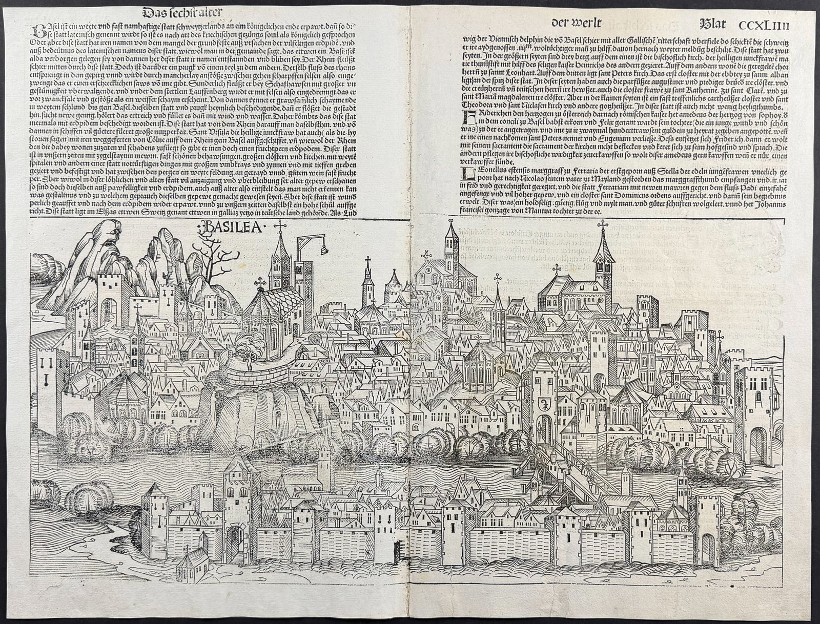 Schedel, pub. 1493 - View of Basel, Switzerland / Verso: Religious & Historic Figures: This important and historic engraving is from Hartmann Schedel Liber Chronicarum, more commonly known as the Nuremberg Chronicle (in German: Das Buch der Croniken und Geschichten. This is from the fir