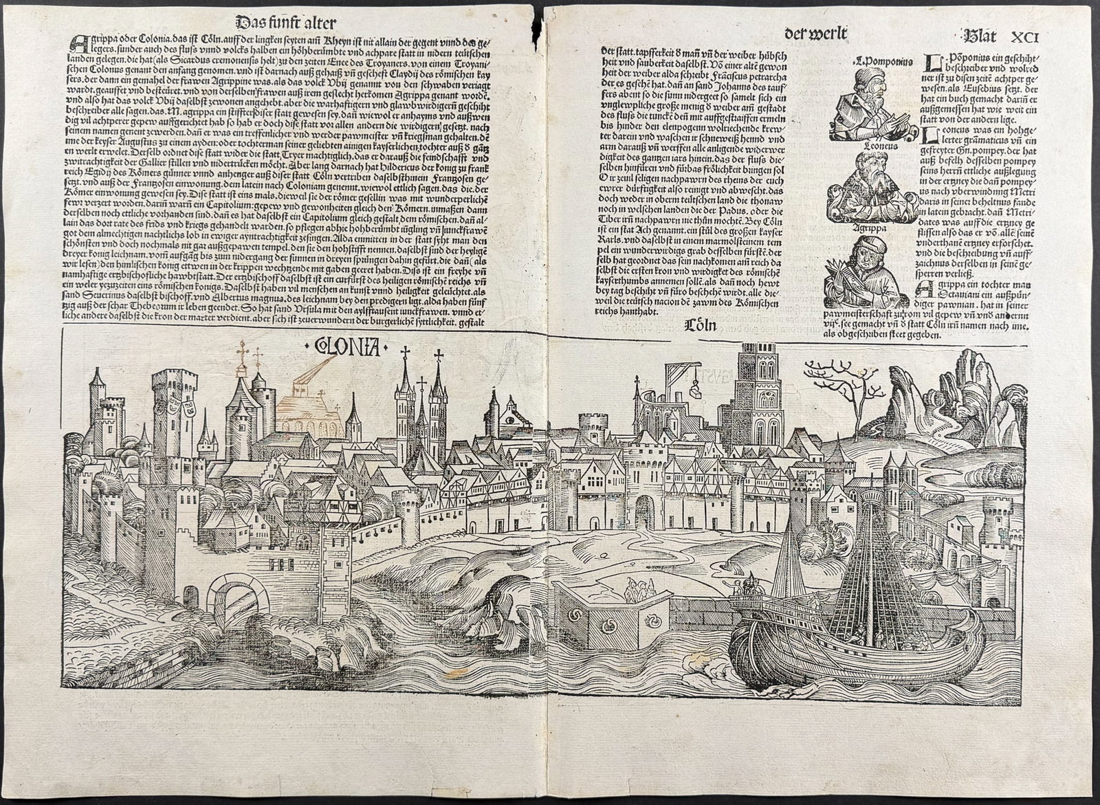 Schedel, pub. 1493 - View of Cologne (Koln), Germany / Verso: Lineage Chart; Partial View of: This important and historic engraving is from Hartmann Schedel Liber Chronicarum, more commonly known as the Nuremberg Chronicle (in German: Das Buch der Croniken und Geschichten. This is from the fir