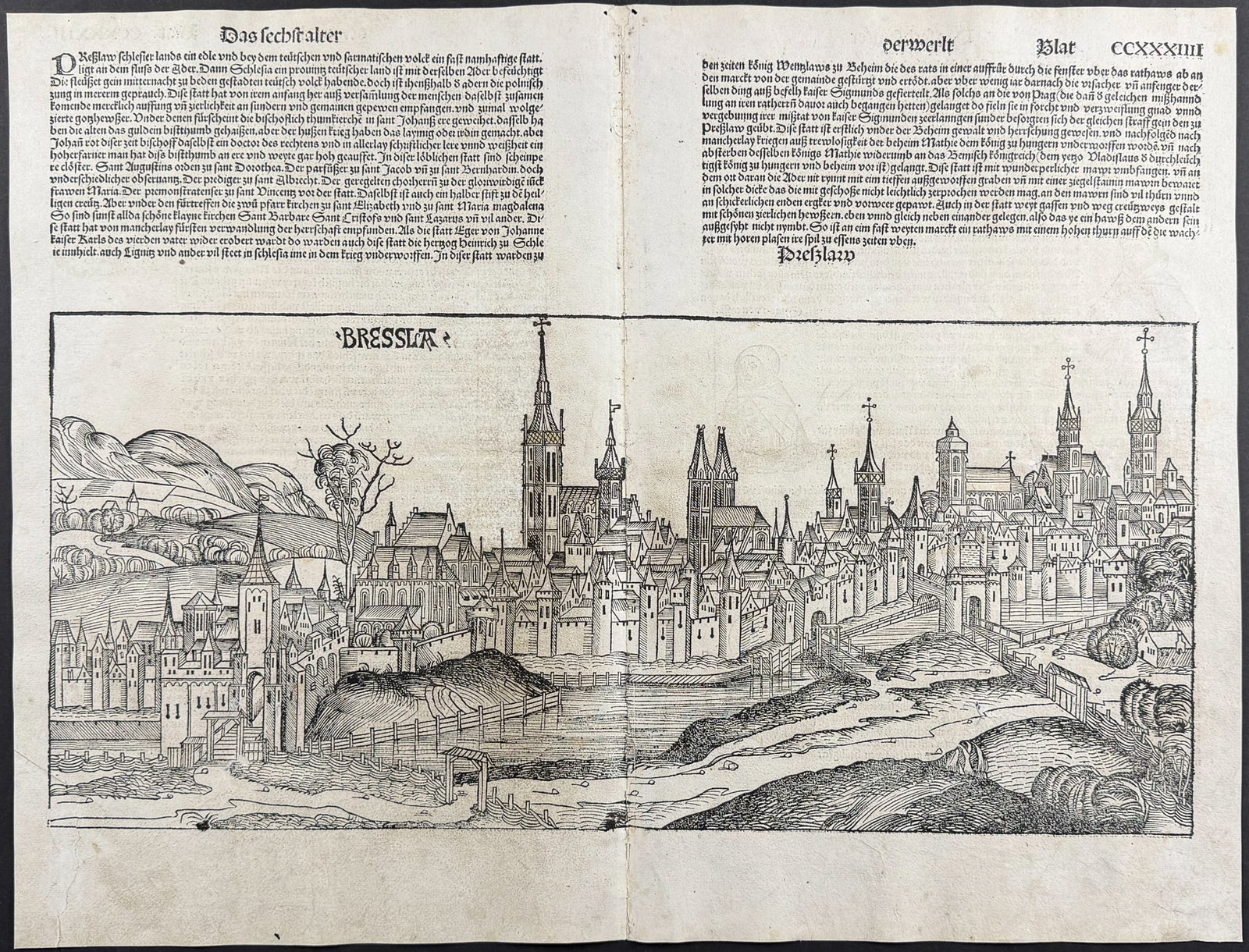 Schedel, pub. 1493 - View of Wroclaw, Poland (Bressla (Breslau)) / Verso: Religious & Historic: This important and historic engraving is from Hartmann Schedel Liber Chronicarum, more commonly known as the Nuremberg Chronicle (in German: Das Buch der Croniken und Geschichten. This is from the fir