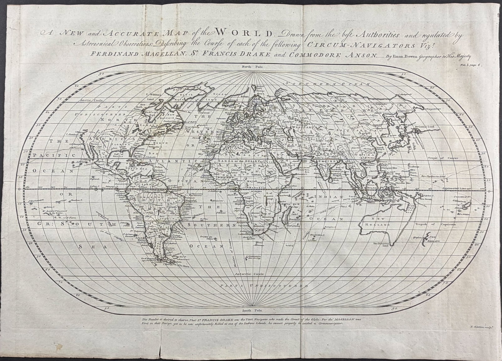 Harris - Map of the World featuring the voyages of Magellan, Drake, and Anson: This fascinating engraving is from John Harris's Navigantium atque Itinerantium Bibliotheca. Or, a Complete Collection of Voyages and Travels... The maps included in this work were mostly completed by