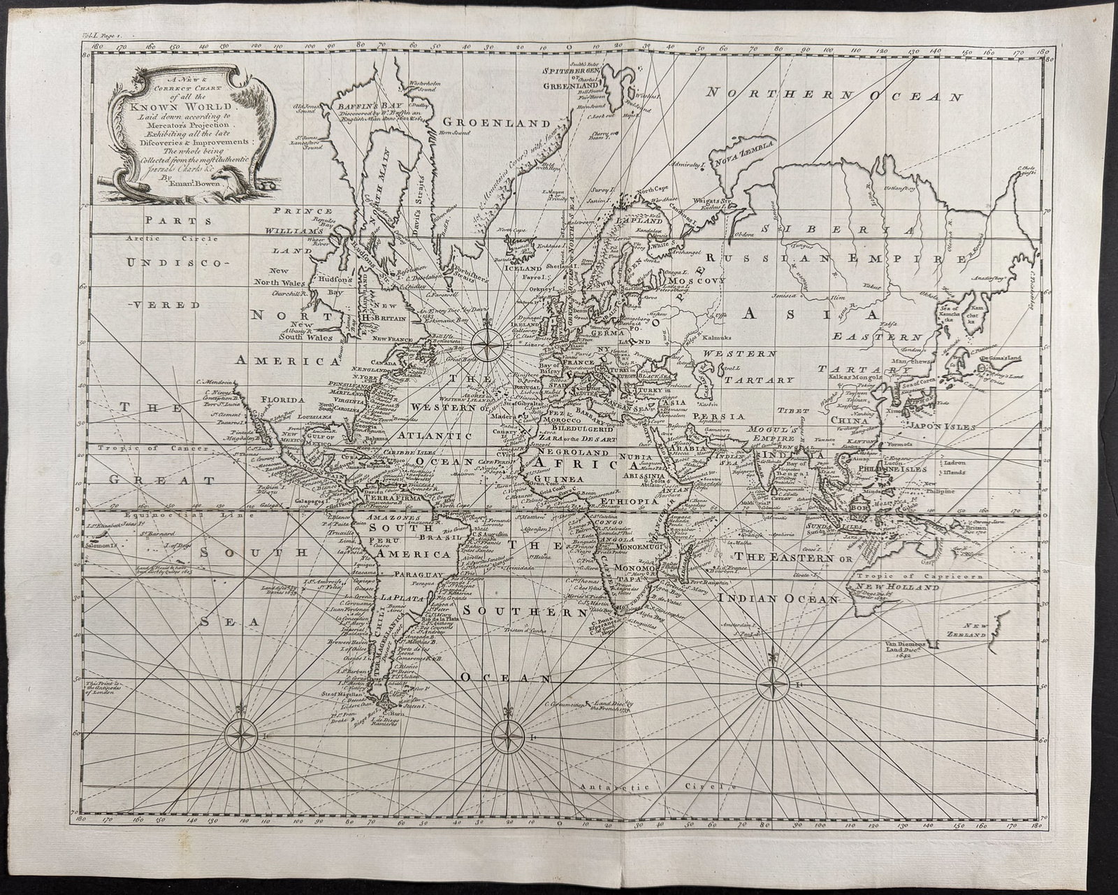Harris - Map of the World: This fascinating engraving is from John Harris's Navigantium atque Itinerantium Bibliotheca. Or, a Complete Collection of Voyages and Travels... The maps included in this work were mostly completed by