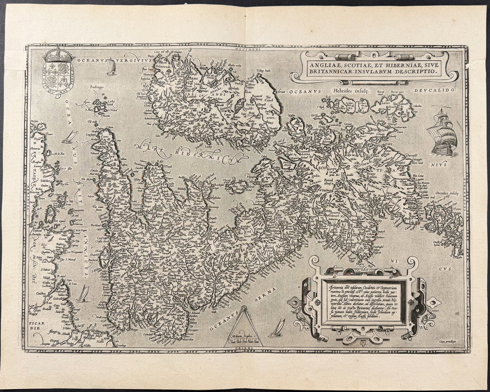 Ortelius, pub. 1587 - Map of the British Isles: This stunning engraved map is from Abraham Ortelius's Theatrum orbis terrarum. This is the first French but third edition of the work published in 1587 in Antwerp by Christophe Plantin. These maps hav