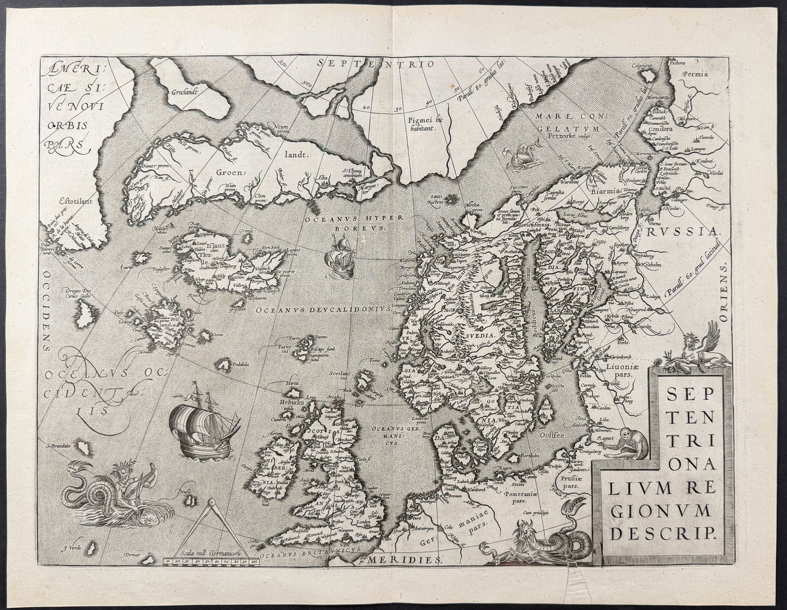 Ortelius, pub. 1587 - Map of the North Sea with America, Greenland, Iceland, and Northern Europe: This stunning engraved map is from Abraham Ortelius's Theatrum orbis terrarum. This is the first French but third edition of the work published in 1587 in Antwerp by Christophe Plantin. These maps hav