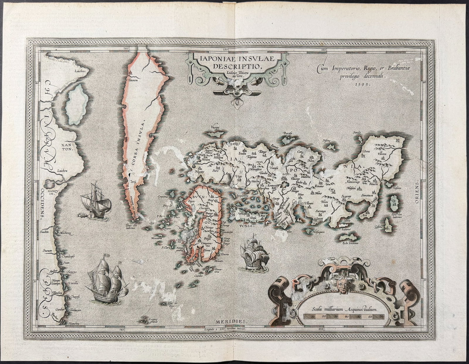 Ortelius, pub. 1587 - Map of Japan: This stunning engraved map is from Abraham Ortelius's Theatrum orbis terrarum. This is the first French but third edition of the work published in 1587 in Antwerp by Christophe Plantin. These maps hav