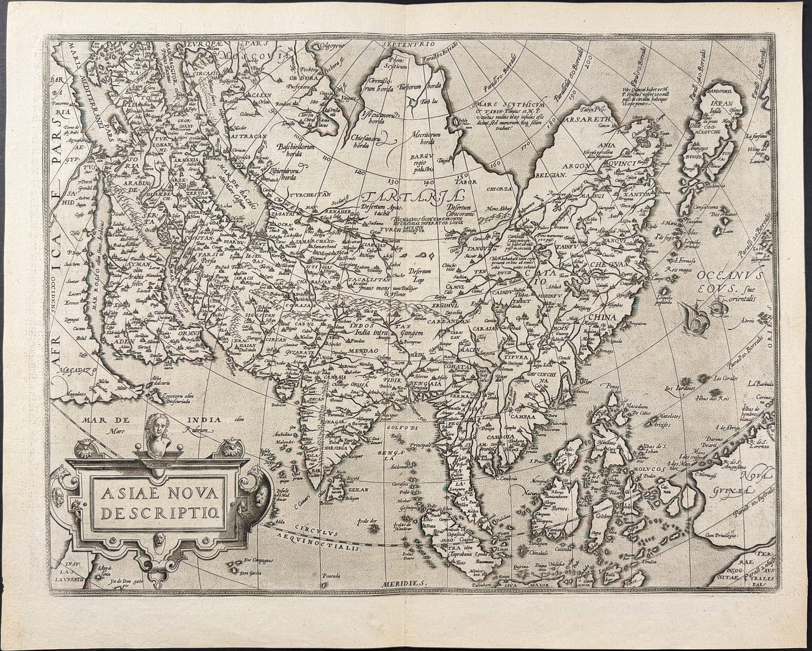 Ortelius, pub. 1587 - Map of Asia: This stunning engraved map is from Abraham Ortelius's Theatrum orbis terrarum. This is the first French but third edition of the work published in 1587 in Antwerp by Christophe Plantin. These maps hav