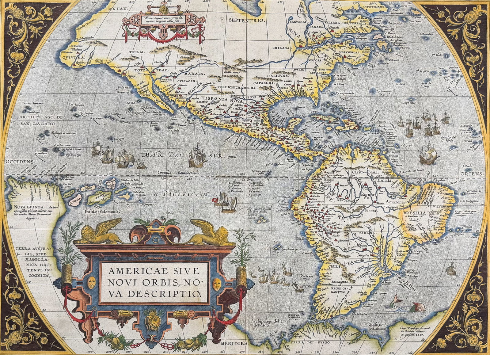 Ortelius, pub. 1587 - Map of the Americas: This stunning engraved map is from Abraham Ortelius's Theatrum orbis terrarum. This is the first French but third edition of the work published in 1587 in Antwerp by Christophe Plantin. These maps hav
