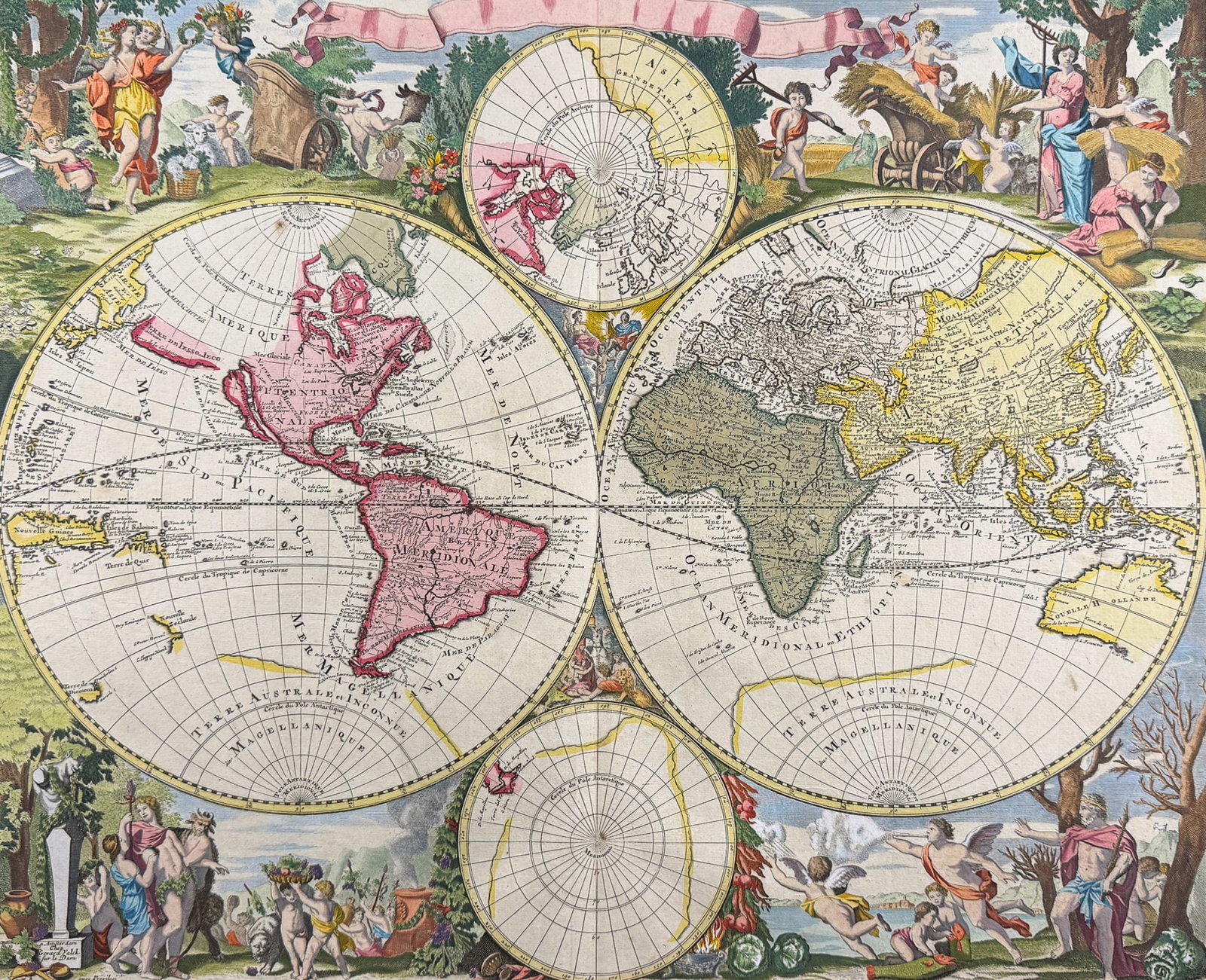 Valck - Map of the World: This fantastic map is Gerard Valck's Mappe-Monde Geo-Hydrographique or Geo-Hydrographic Map of the World. It was published in 1686 by the author in Amsterdam. This map was influenced by a number of ma