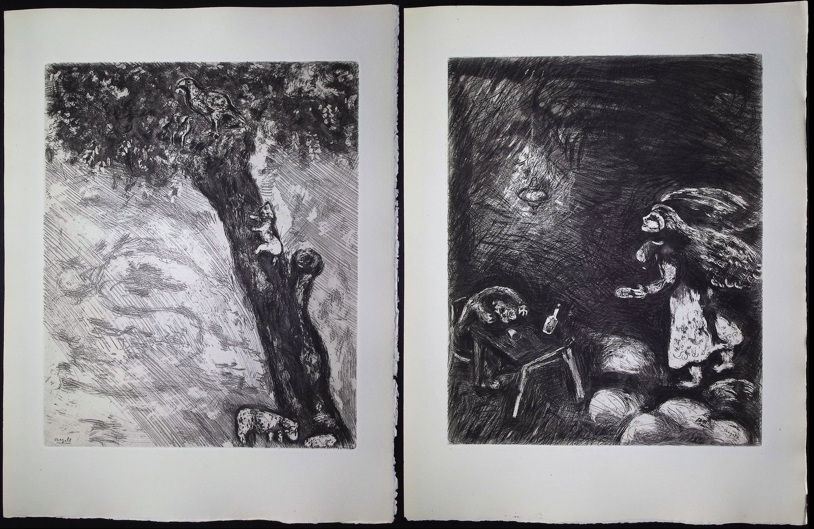 Chagall & Fontaine's Fables - Pair of Etchings of Fables: Included in this lot: The Drunkard and His Wife [L'Ivrogne & sa Femme] The Eagle, the Sow, and the Cat [L'Aigle, la Laie & la Chatte] Description of the work: This striking etching is from Marc Chagal