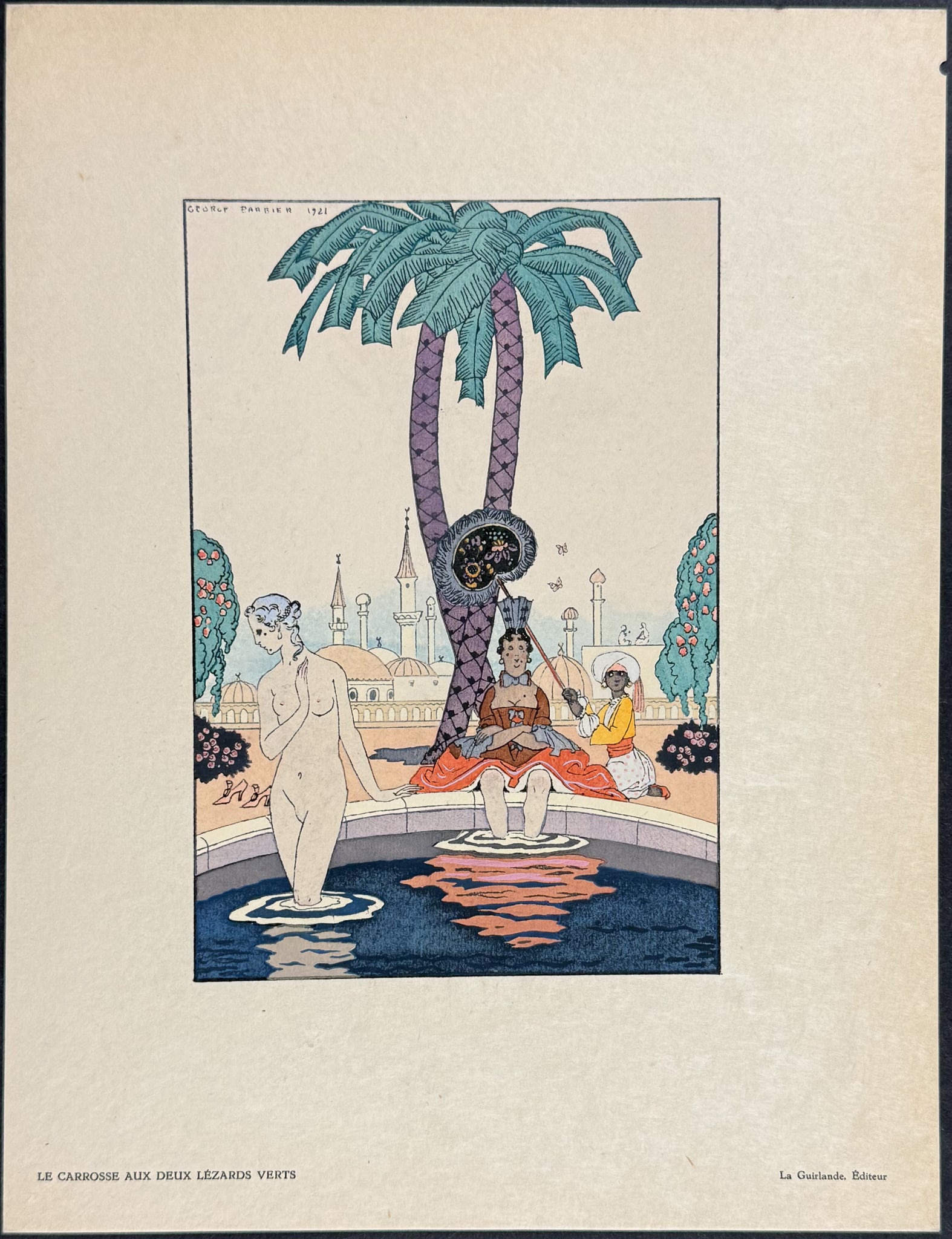 Babou after Barbier - Le Carrosse aux deux Lezards Verts: This beautiful plate is from the art review periodical published by Henry Babou entitled Les Artistes du Livre. The work was published in Paris between 1928 and 1933 by Babou. It was a periodical limi