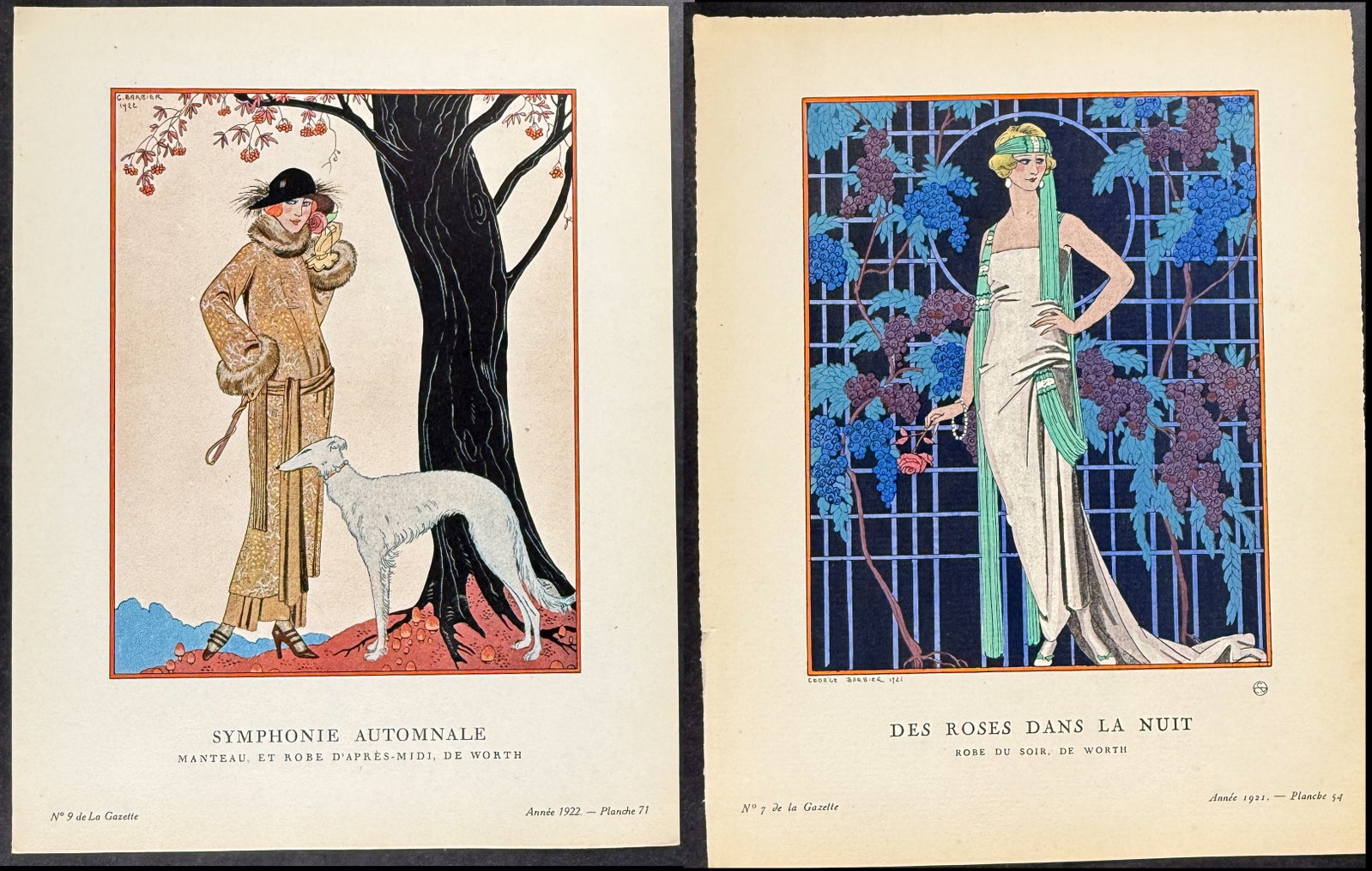 Bon Ton by Barbier - Pair of Fashion Pochoirs: Included in this lot: Des Roses dans la Nuit. 54 Symphonie Automnale. 71 Description of the work: The Gazette du Bon Ton featured some of the most desirable pochoir, fashion lithographs. The fashion p