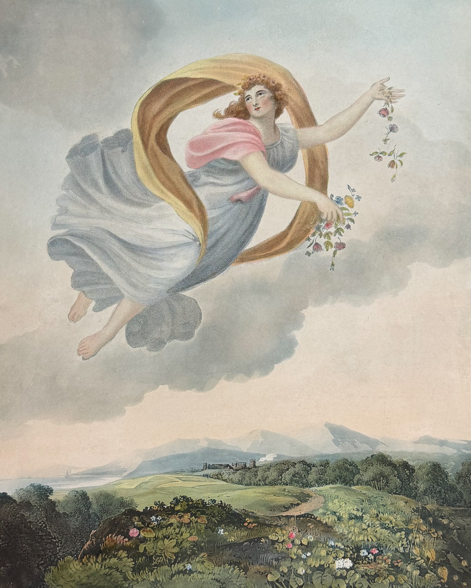 Thornton, Folio - Flora dispensing Her Favours on the Earth: This dramatic large folio botanical engraving is from Dr. Robert John Thornton?s work New Illustration of the Sexual System of Carolus Von Linnaeus...and the Temple of Flora, or Garden of Nature. This
