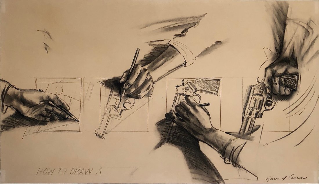 Karen Carson, 1975, How to Draw A Gun: Karen Carson How To Draw A Gun 1975 charcoal on paper 24 X 41 1/2 inches Original steel frame with strainer Provenance: Kadison, Pfaelzer, Woodard, Quinn & Rossi, Los Angeles Karen Carson